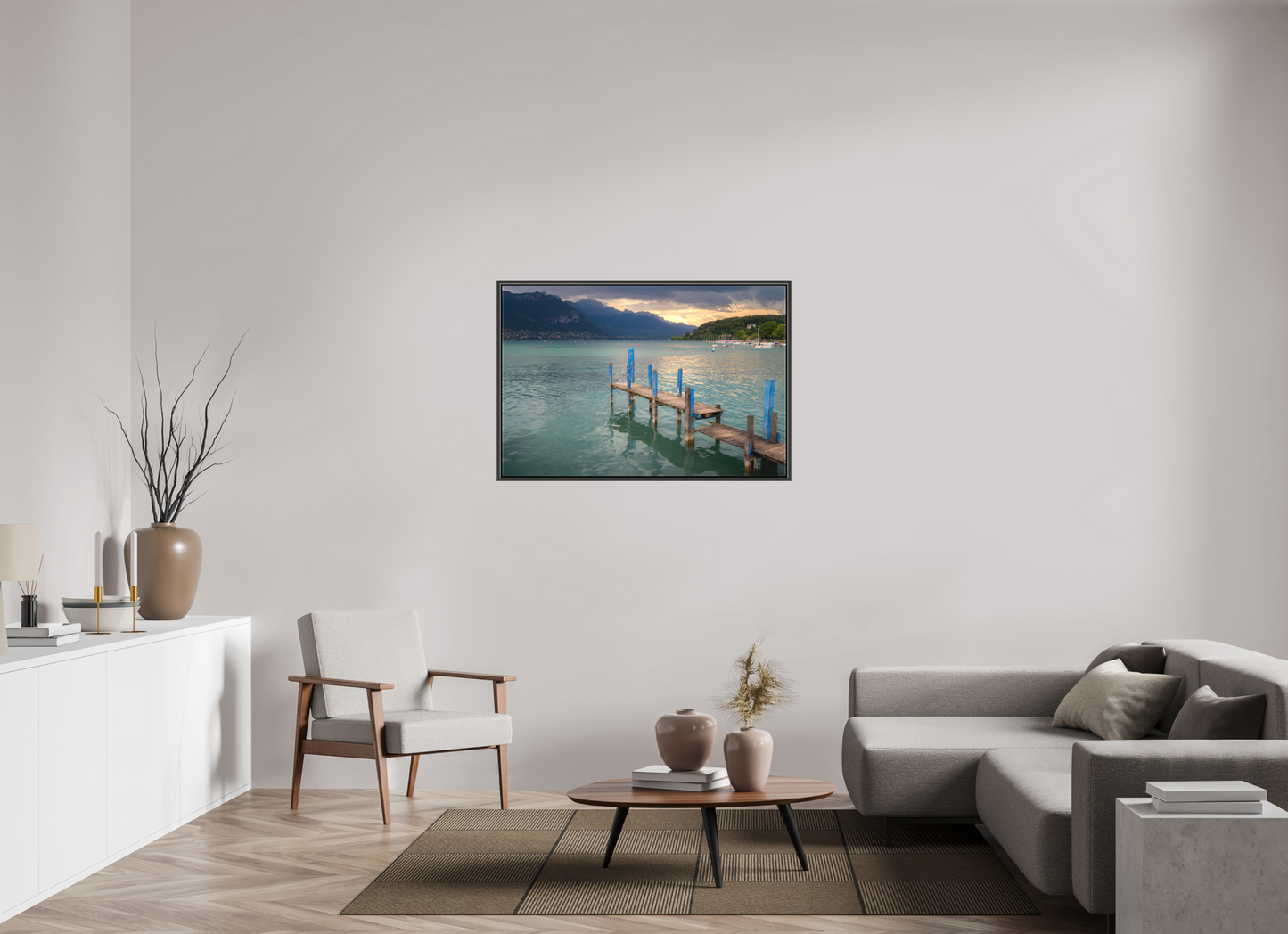 45 x 30″, Matte Canvas Print with Black Wood Floater Frame Thunderstorm over Lake Annecy