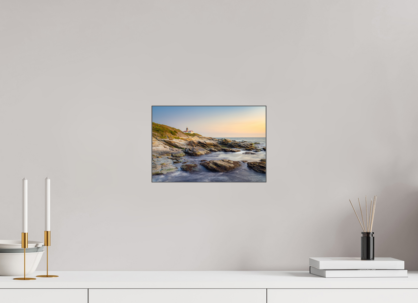 12 x 8″, Photo Print under Acrylic Glass with Black Slimline Case Beavertail Lighthouse