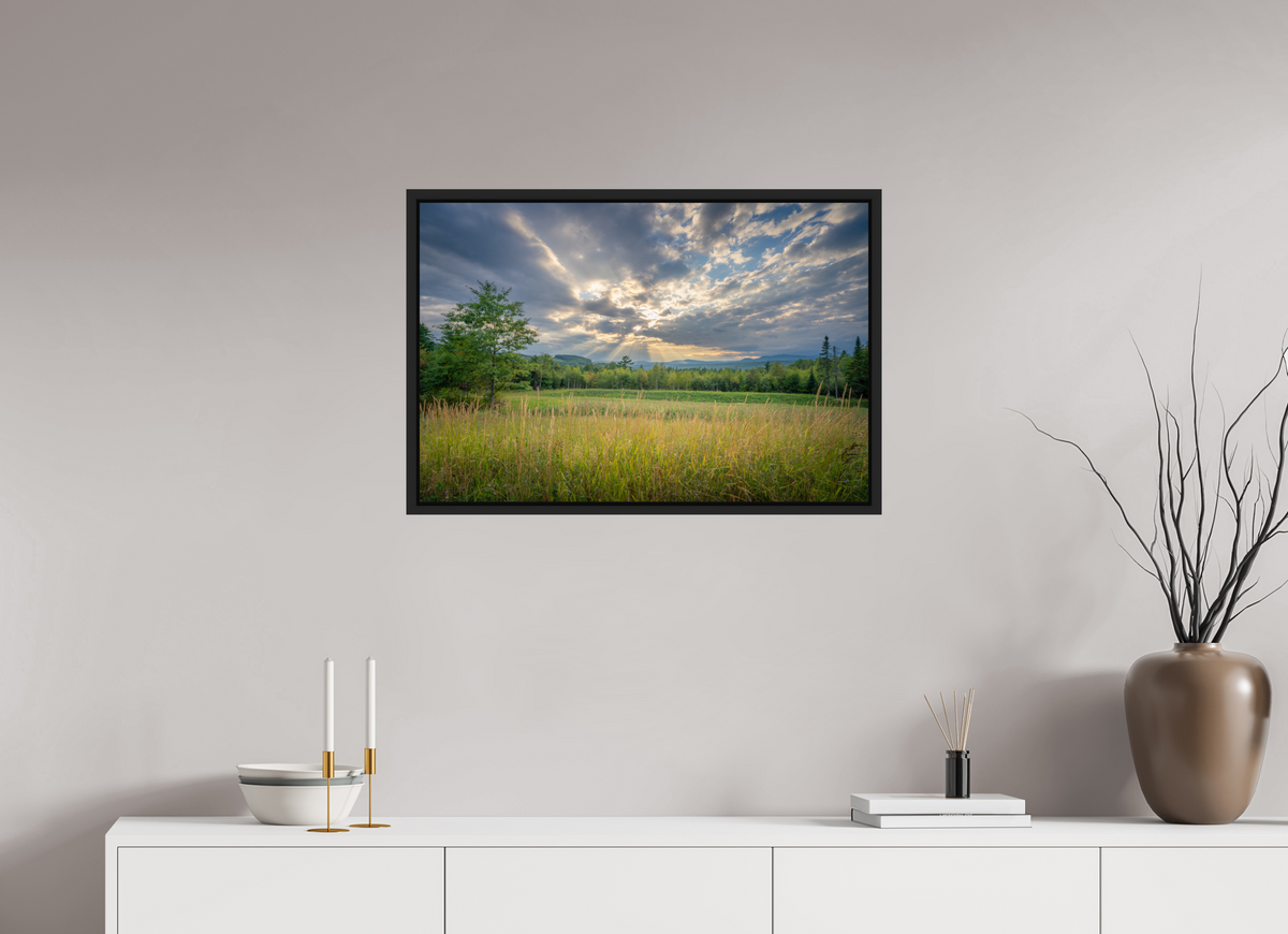 30 x 20″, Premium Photo Print under Acrylic Glass with Black Wood Floater Frame Mountain Sun Rays
