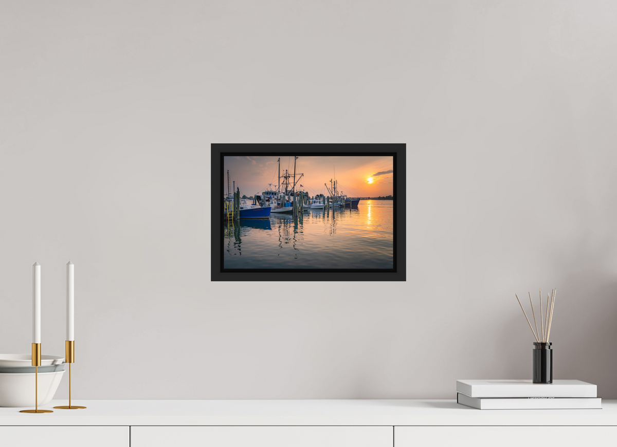 12 x 8″, Premium ChromaLuxe HD Aluminum Metal Print with Black Wood Floater Frame Boats at Sunset