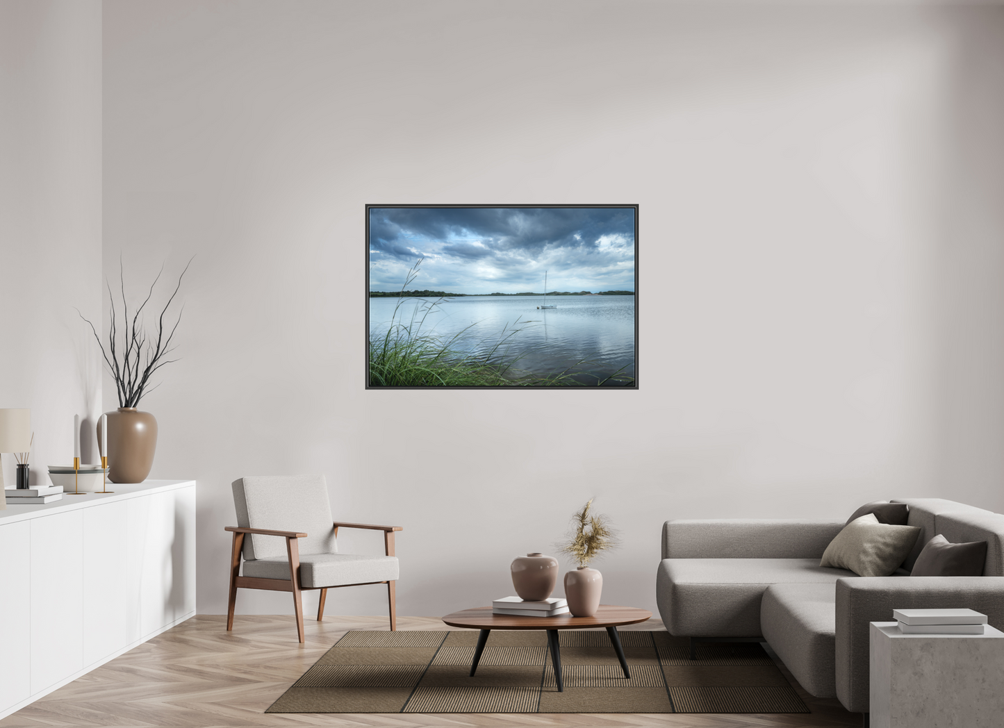 54 x 36″, Matte Canvas Print with Black Wood Floater Frame Lonely Boat on Sachem Pond