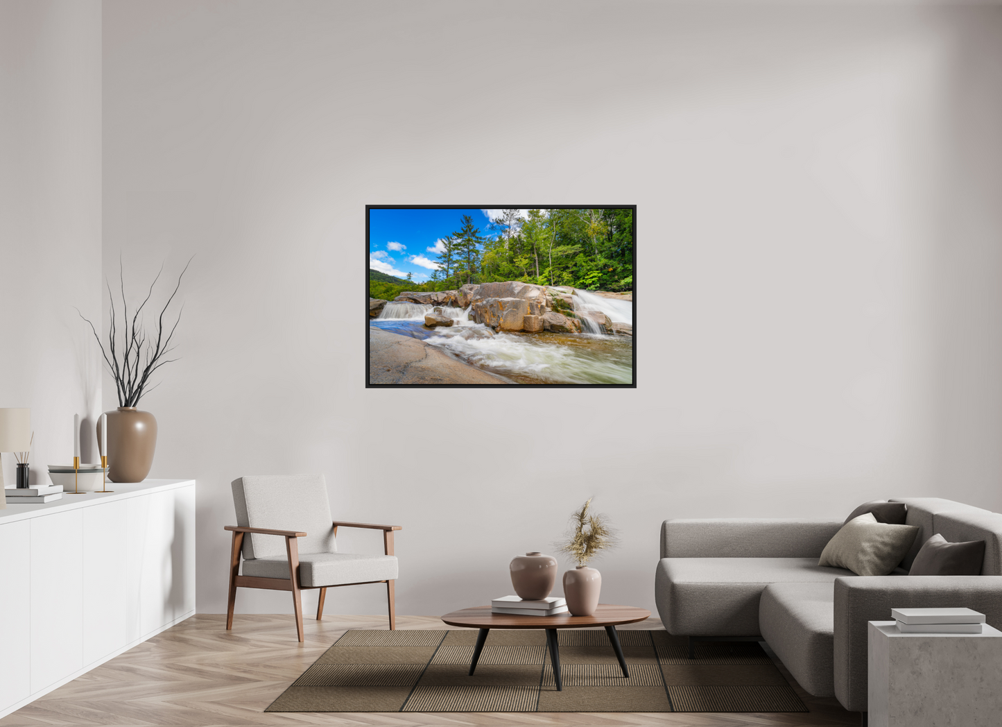 54 x 36″, Photo Print under Acrylic Glass with Black Wood Floater Frame Kancamagus Waterfall