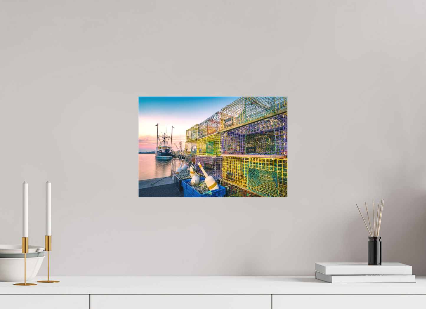 15 x 10″, Matte Canvas Print A Wall of Colorful Lobster Pots