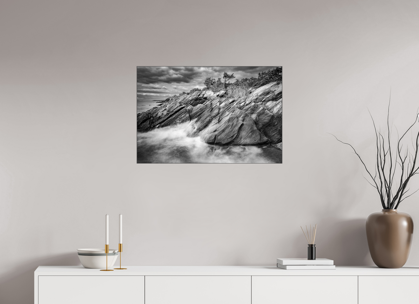30 x 20″, Photo Print under Acrylic Glass with Black Slimline Case Rough Seas Against Beavertail Cliffs
