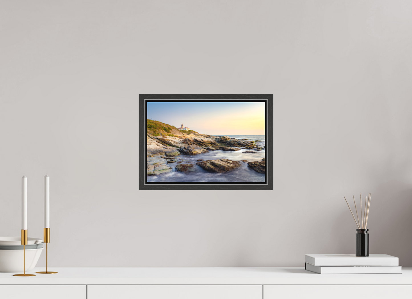 12 x 8″, Matte Canvas Print with Black Wood Floater Frame Beavertail Lighthouse