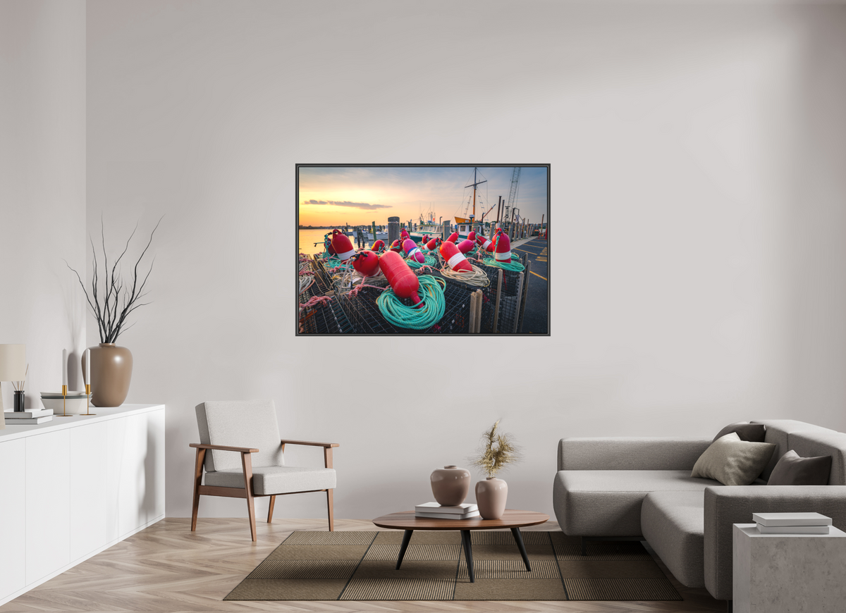 60 x 40″, Matte Canvas Print with Black Wood Floater Frame Buoys, Boats, and Lobster Pots