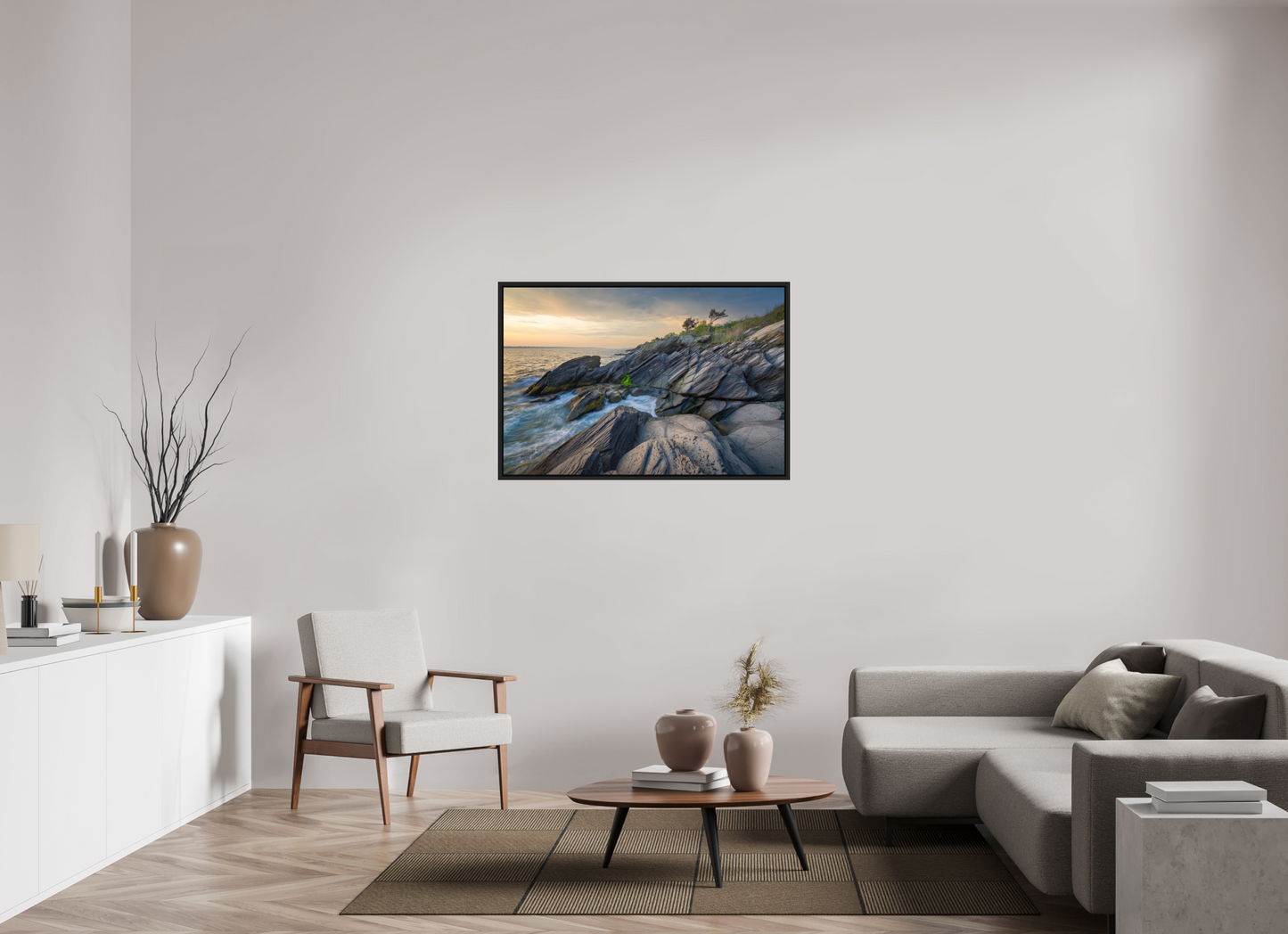 45 x 30″, Premium ChromaLuxe HD Aluminum Metal Print with Black Wood Floater Frame Sunset Glow at Beavertail