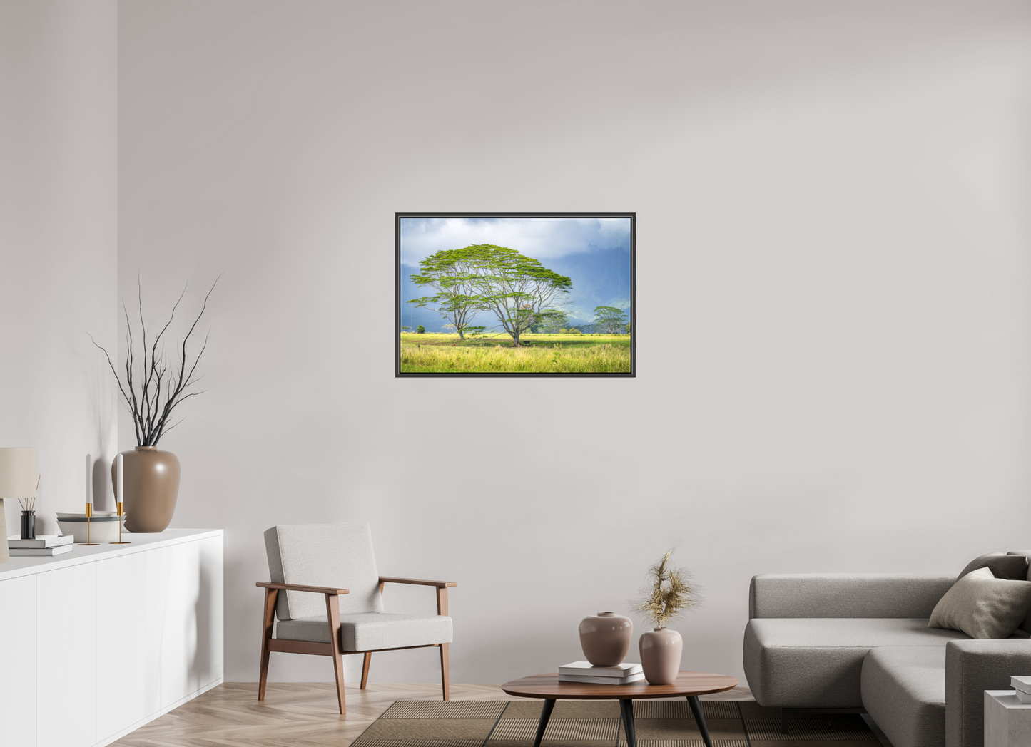 36 x 24″, Matte Canvas Print with Black Wood Floater Frame Savanna Trees of Kauai