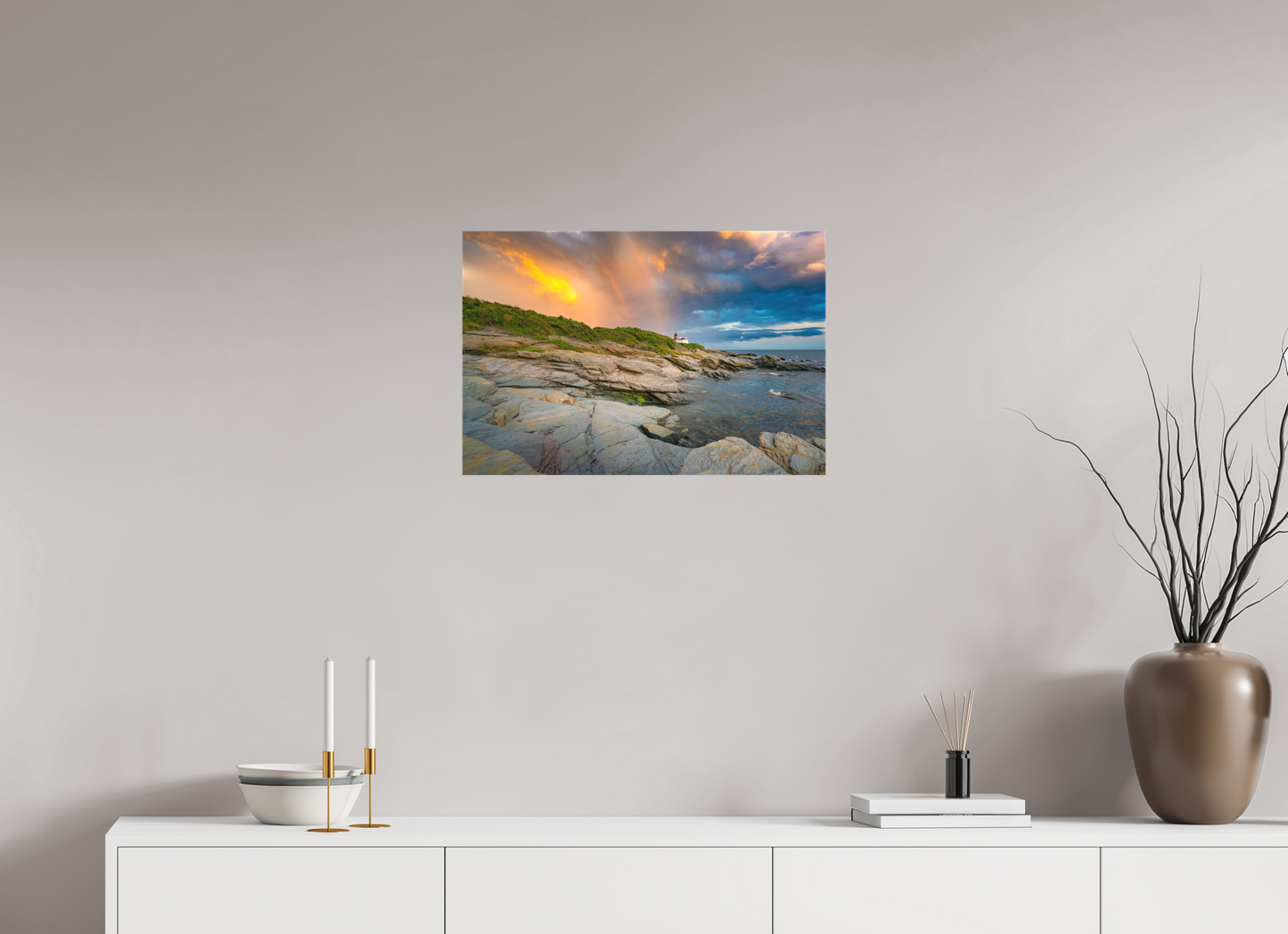 24 x 16″, Matte Canvas Print Rainbow Over Beavertail Lighthouse