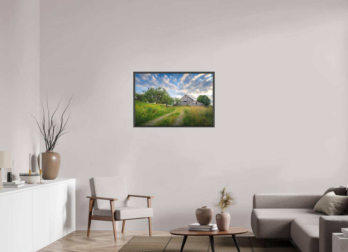 36 x 24″, Matte Canvas Print with Black Wood Floater Frame Countryside Barn