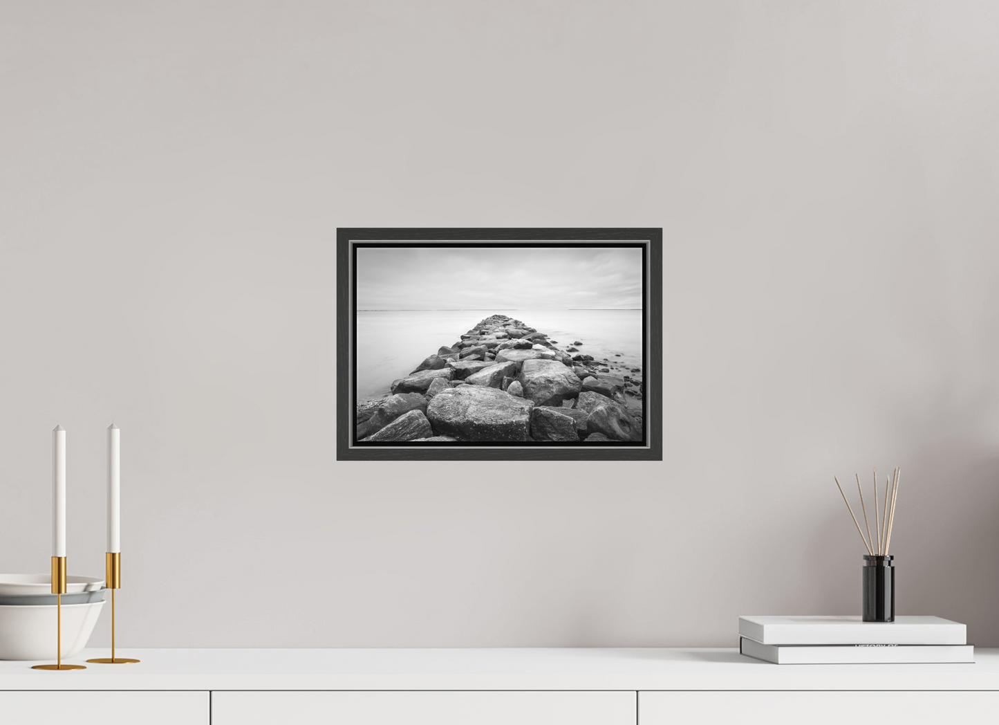 12 x 8″, Matte Canvas Print with Black Wood Floater Frame Sand Hill Cove Rocks