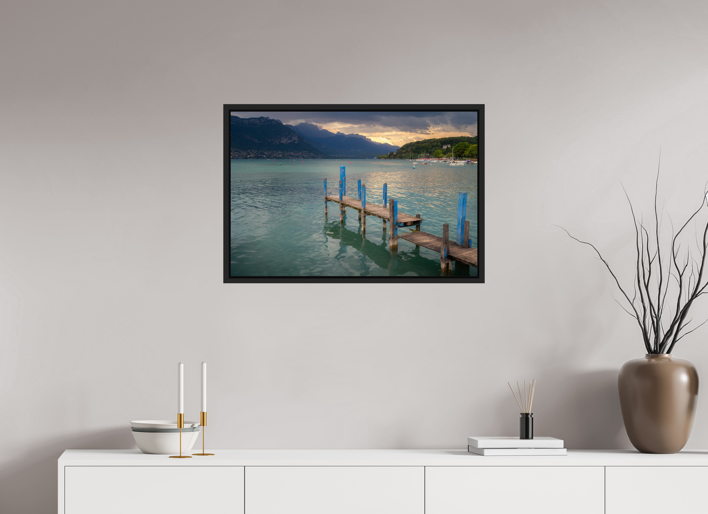 30 x 20″, Photo Print under Acrylic Glass with Black Wood Floater Frame Thunderstorm over Lake Annecy