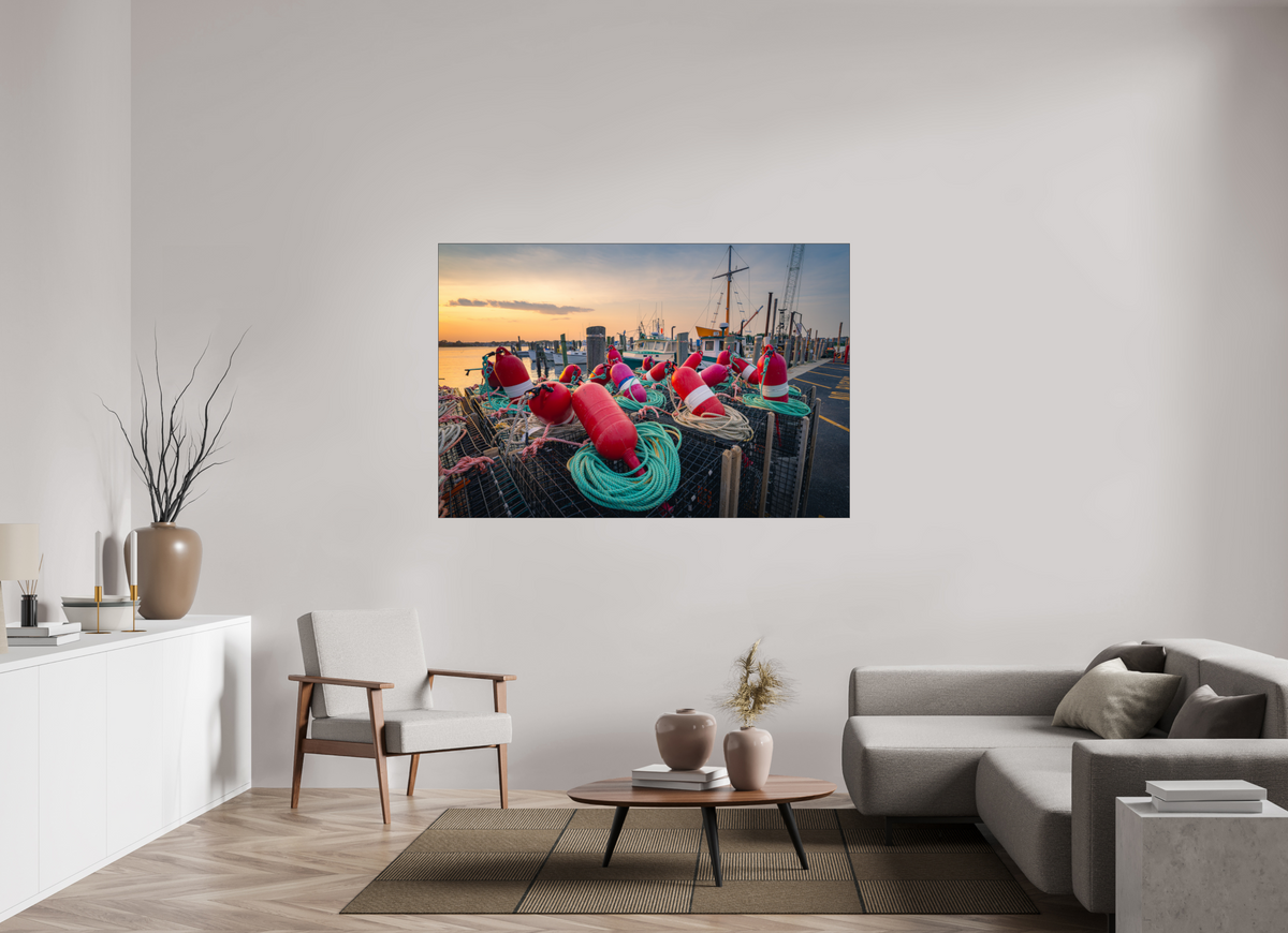 66 x 44″, Premium Photo Print under Acrylic Glass with Black Slimline Case Buoys, Boats, and Lobster Pots