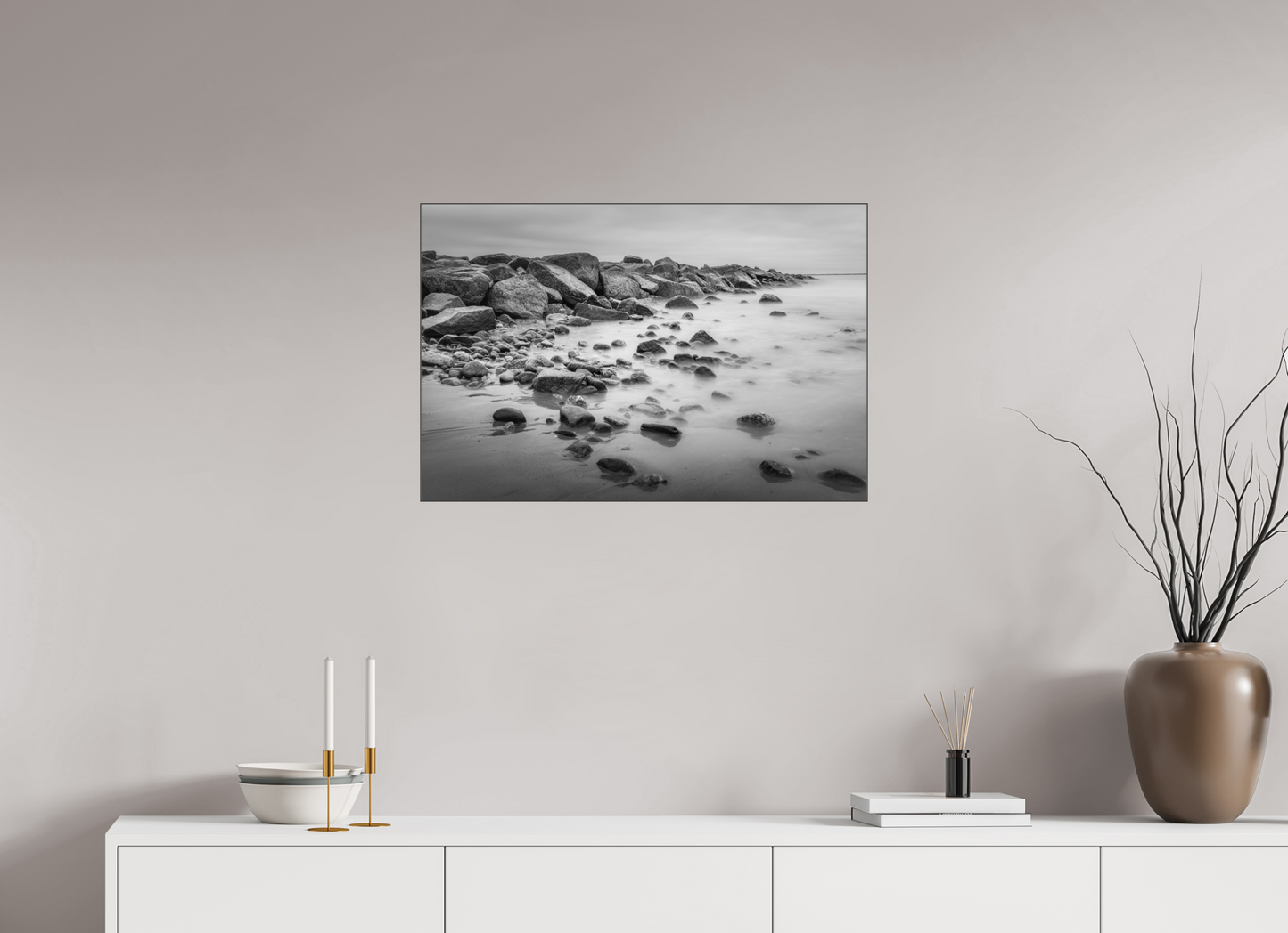 30 x 20″, Photo Print under Acrylic Glass with Black Slimline Case Overcast Morning at Sand Hill Cove