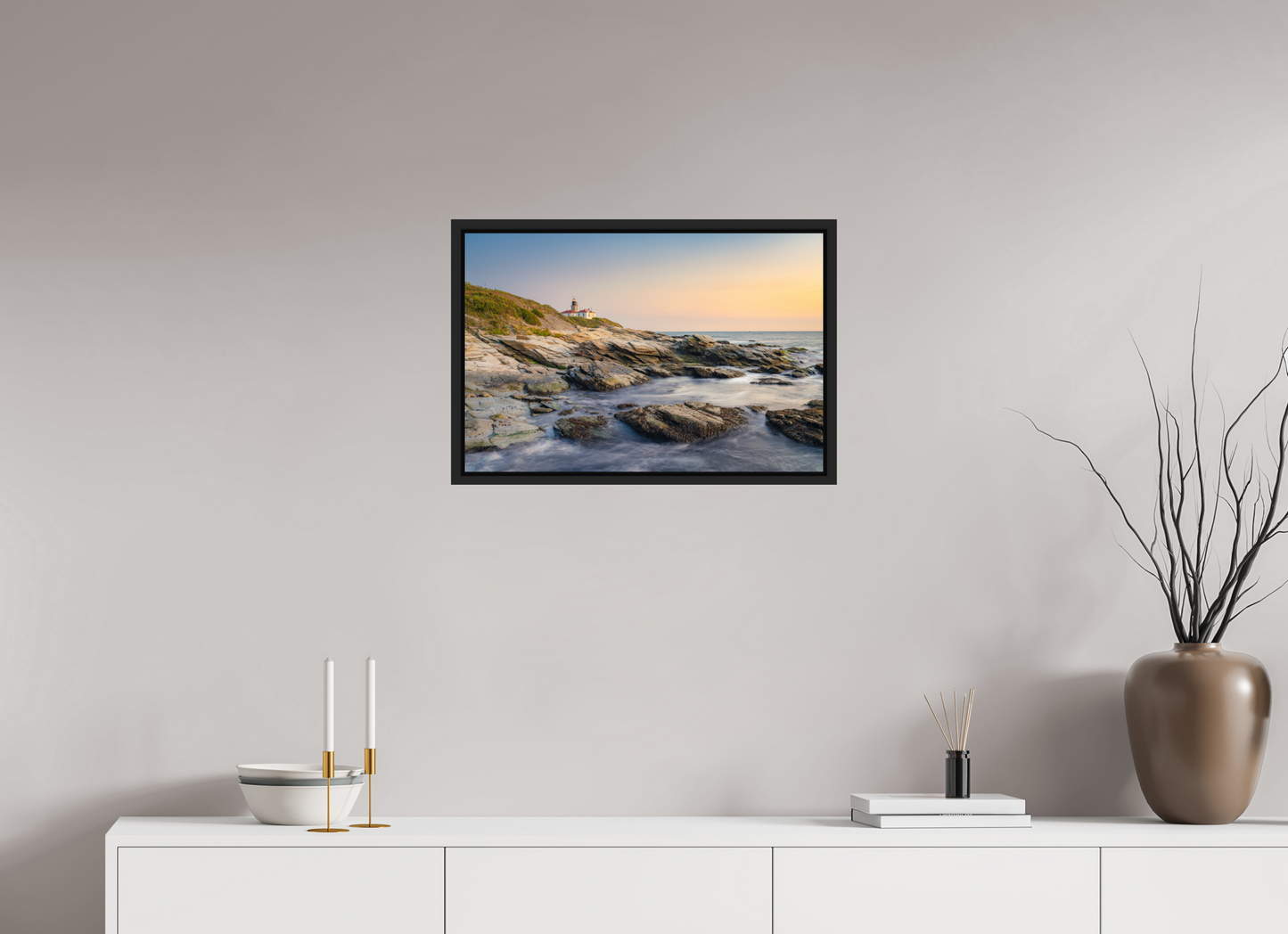 24 x 16″, Premium ChromaLuxe HD Aluminum Metal Print with Black Wood Floater Frame Quiet Sunset at Beavertail Lighthouse