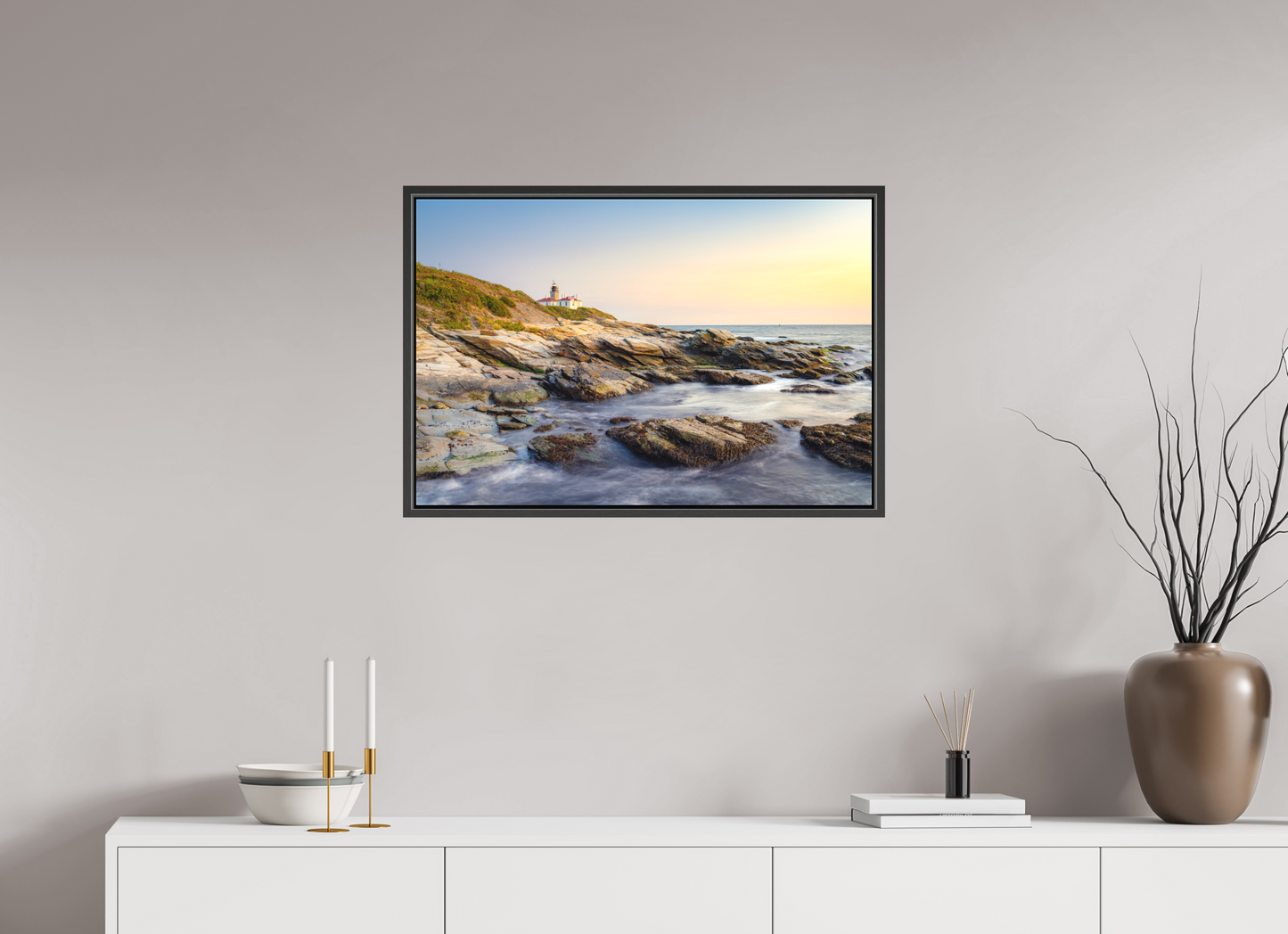 30 x 20″, Matte Canvas Print with Black Wood Floater Frame Beavertail Lighthouse