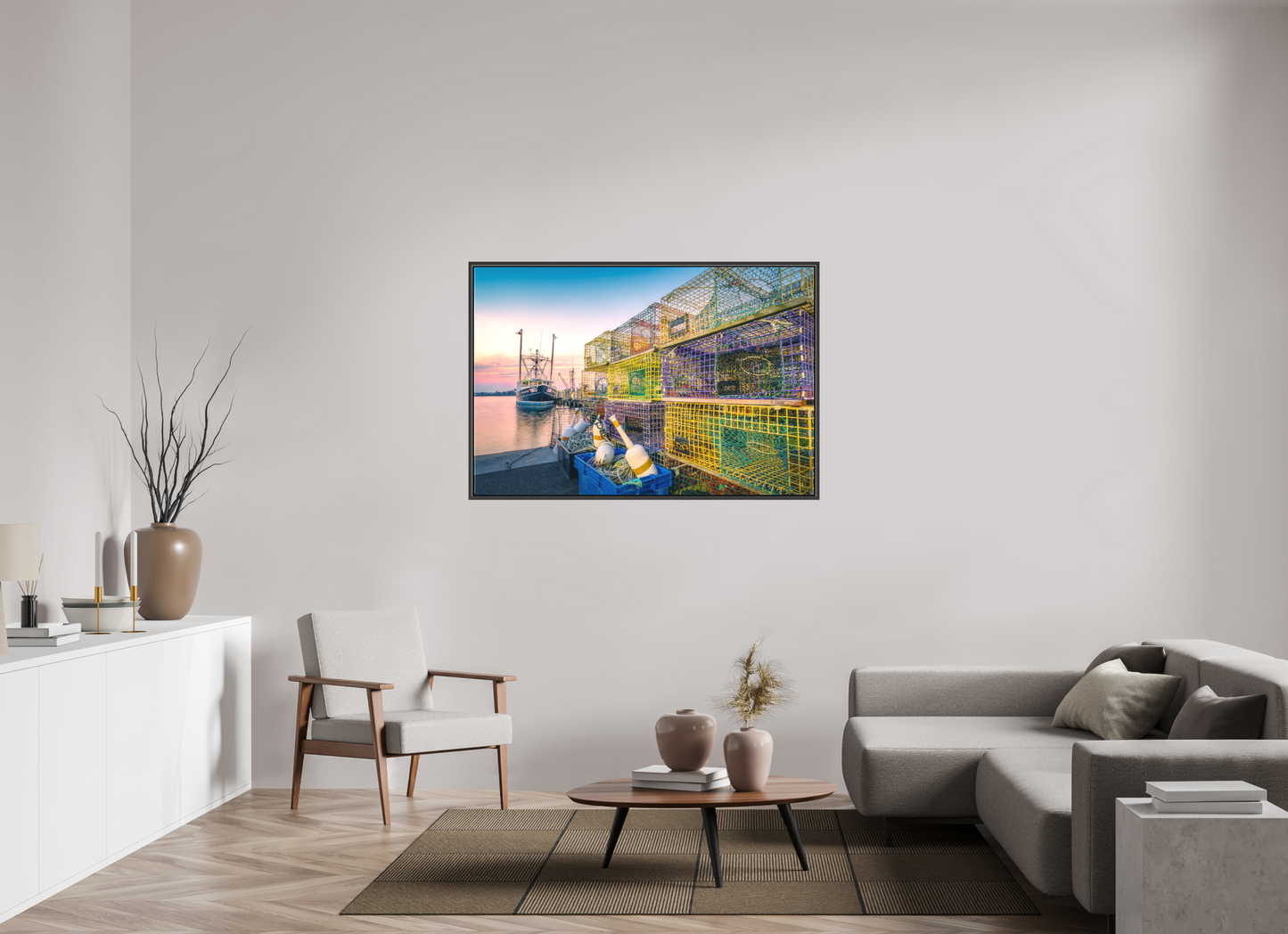 54 x 36″, Matte Canvas Print with Black Wood Floater Frame A Wall of Colorful Lobster Pots