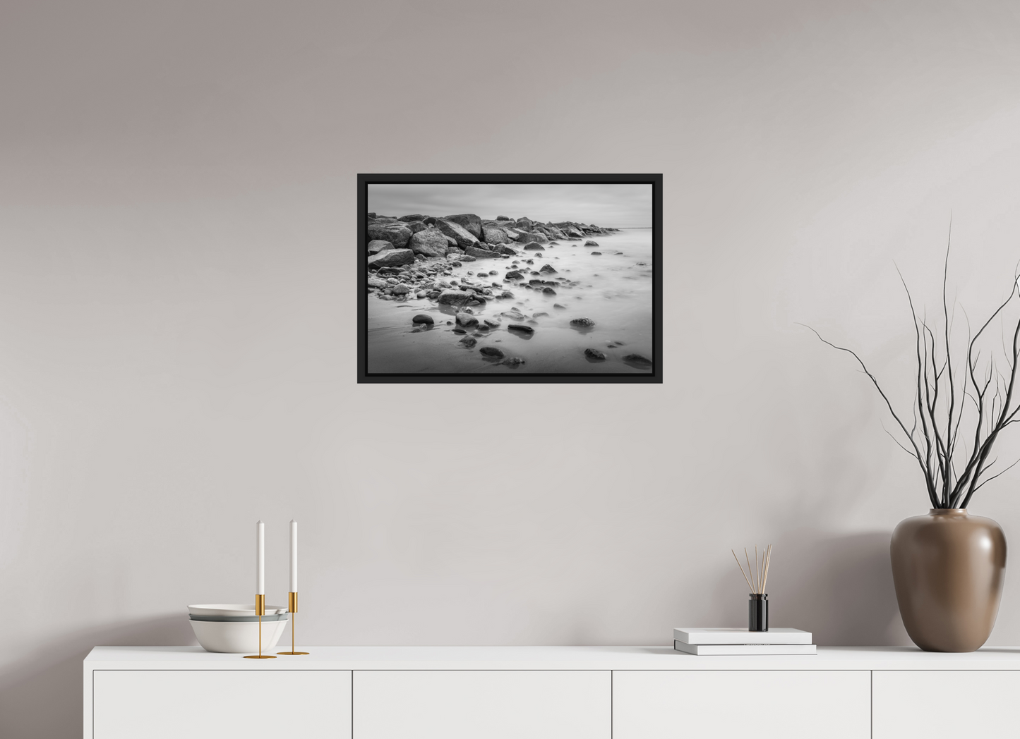 24 x 16″, Photo Print under Acrylic Glass with Black Wood Floater Frame Overcast Morning at Sand Hill Cove