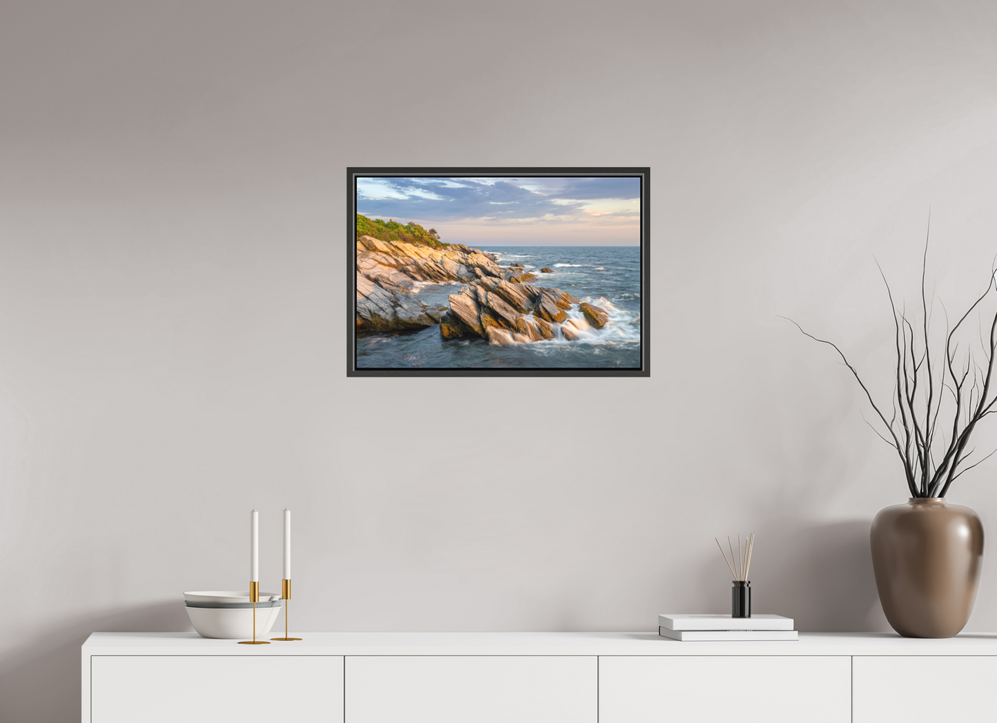 24 x 16″, Matte Canvas Print with Black Wood Floater Frame Beavertail Cliffs Approaching Sunset