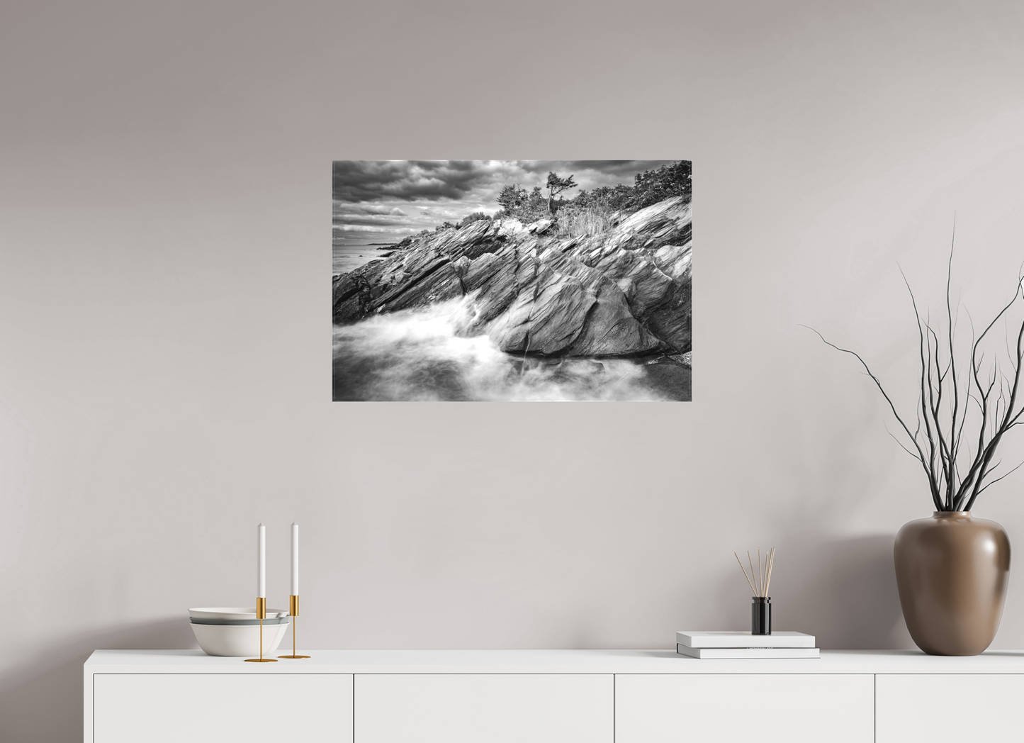 30 x 20″, Matte Canvas Print Rough Seas Against Beavertail Cliffs