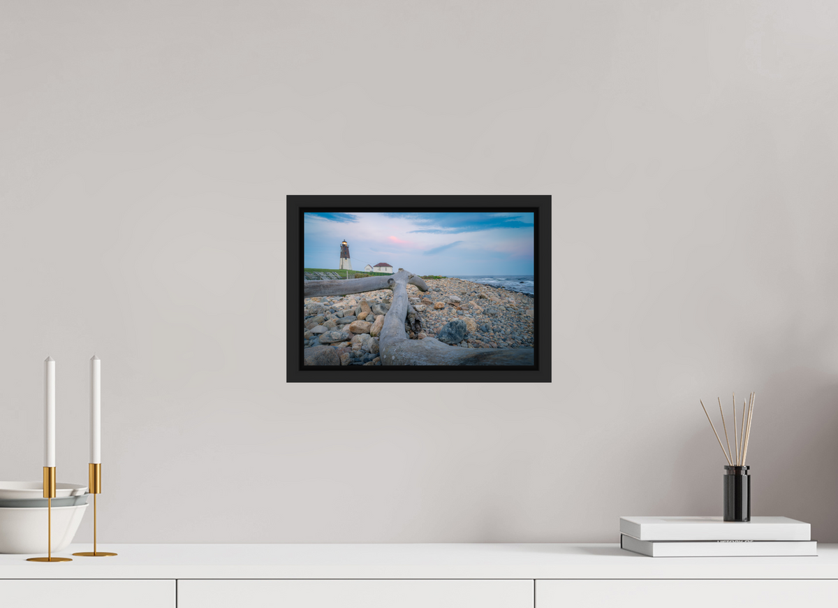 12 x 8″, Premium ChromaLuxe HD Aluminum Metal Print with Black Wood Floater Frame Driftwood at Pt. Judith Lighthouse