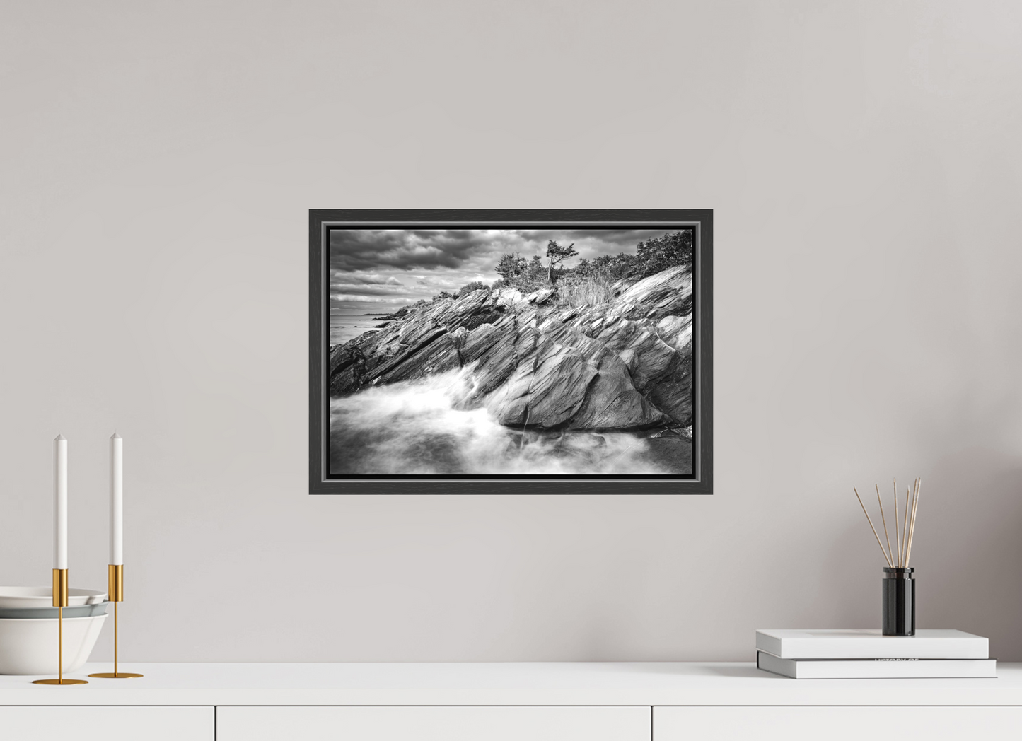 15 x 10″, Matte Canvas Print with Black Wood Floater Frame Rough Seas Against Beavertail Cliffs