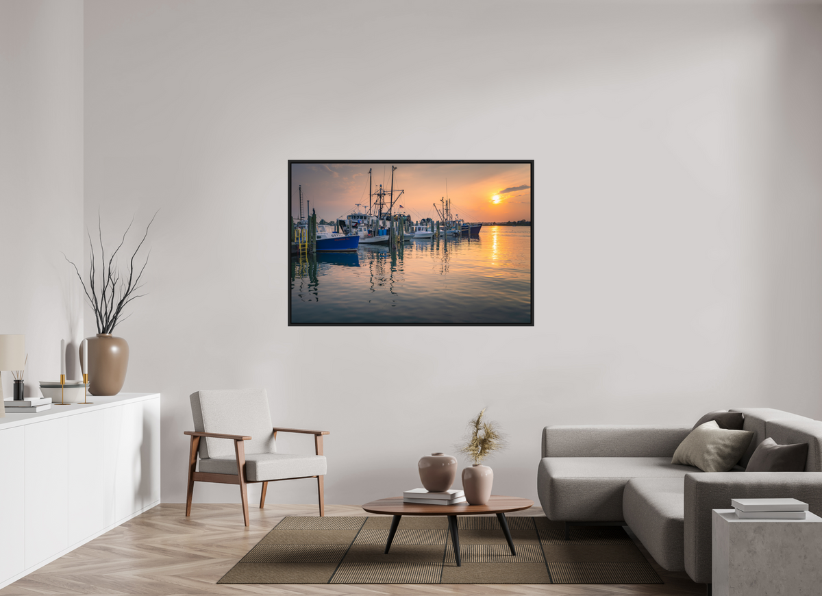 60 x 40″, Premium Photo Print under Acrylic Glass with Black Wood Floater Frame Boats at Sunset
