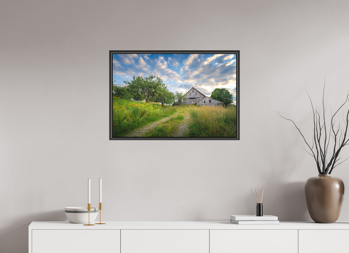 30 x 20″, Matte Canvas Print with Black Wood Floater Frame Countryside Barn