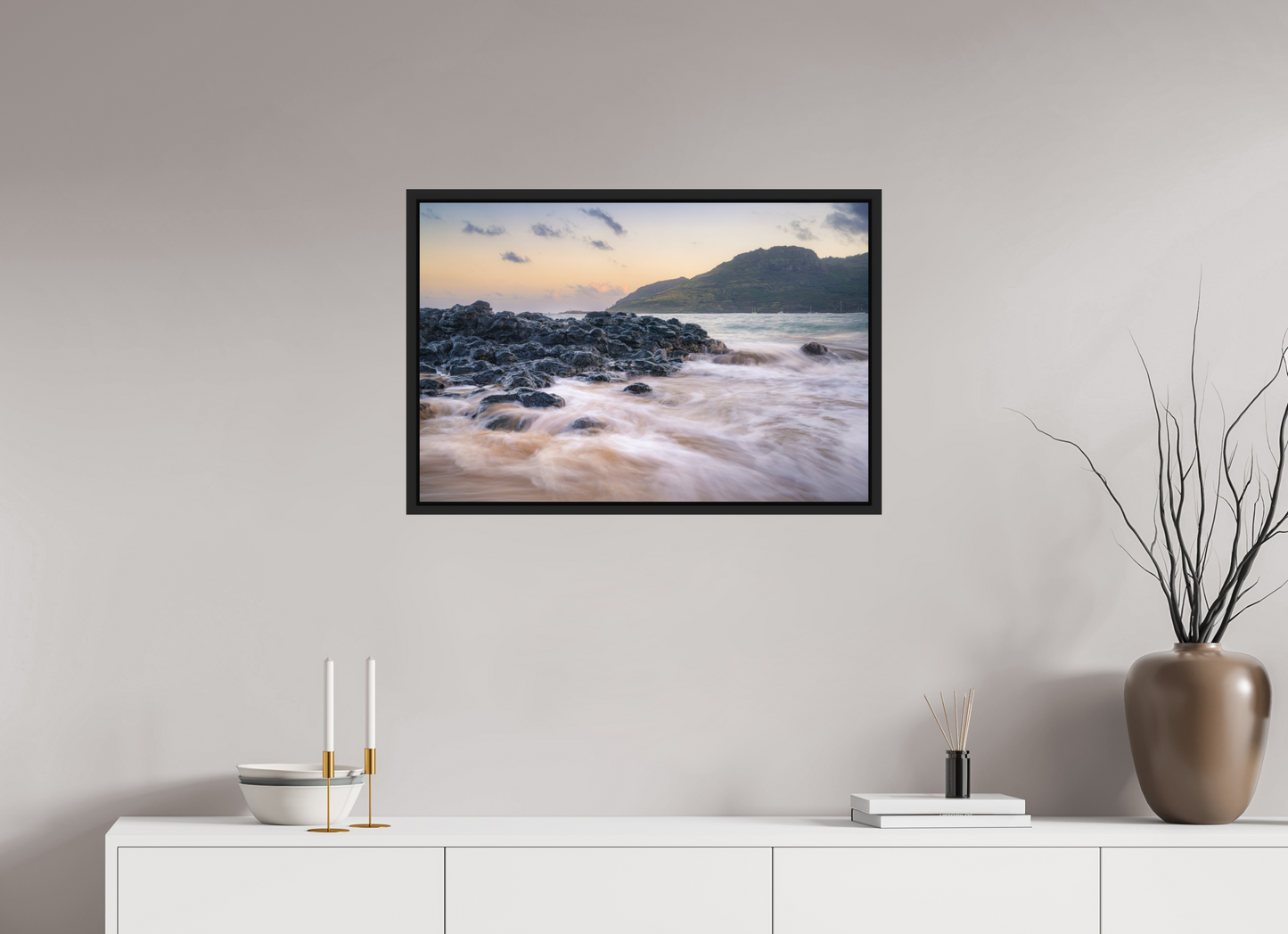 30 x 20″, Photo Print under Acrylic Glass with Black Wood Floater Frame Lihue Sunset