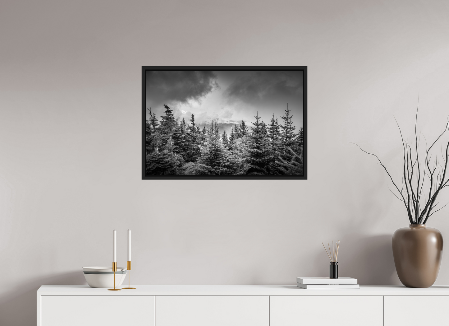 30 x 20″, Photo Print under Acrylic Glass with Black Wood Floater Frame Pines in Mountain Clouds