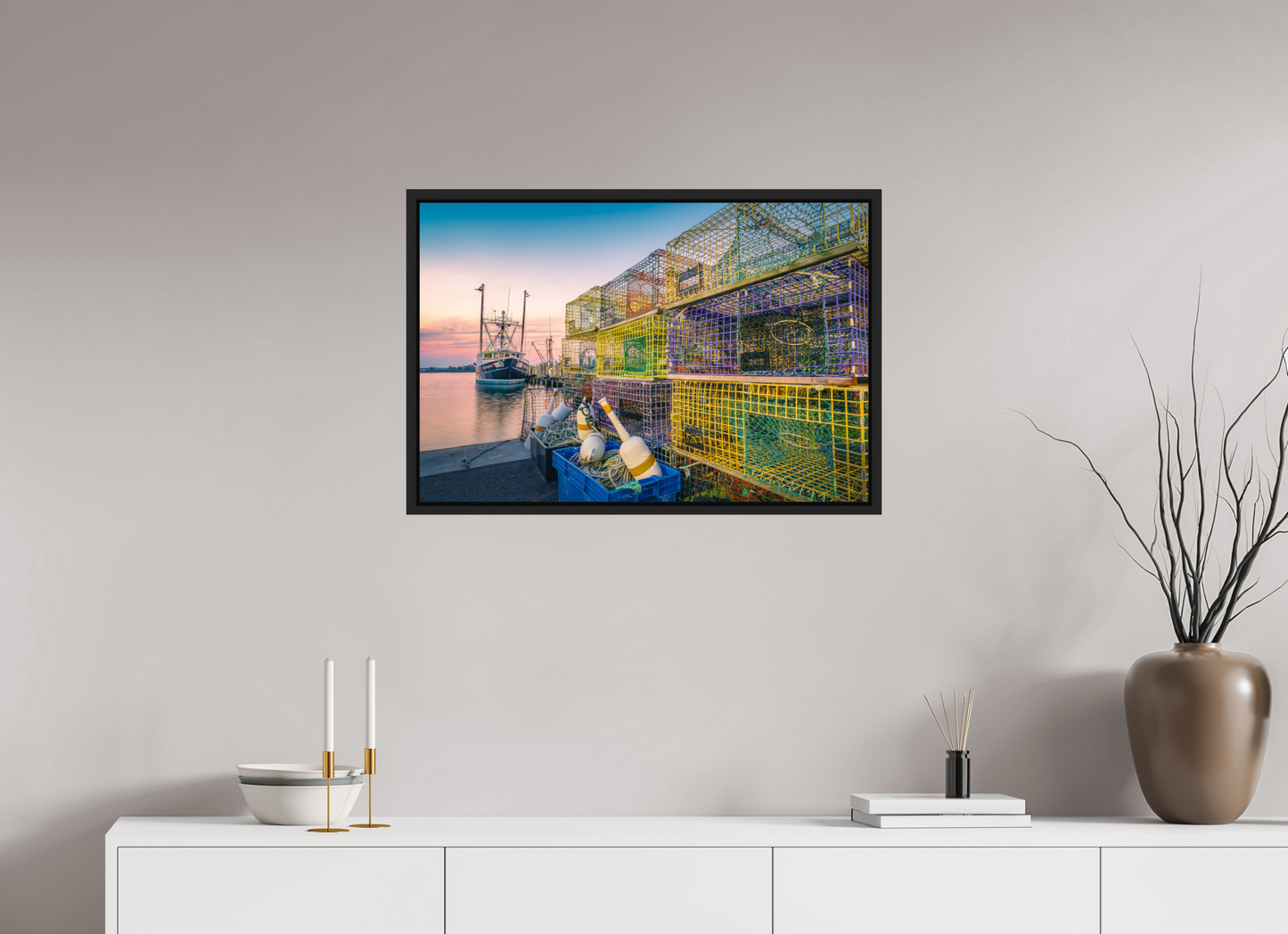 30 x 20″, Premium Photo Print under Acrylic Glass with Black Wood Floater Frame A Wall of Colorful Lobster Pots