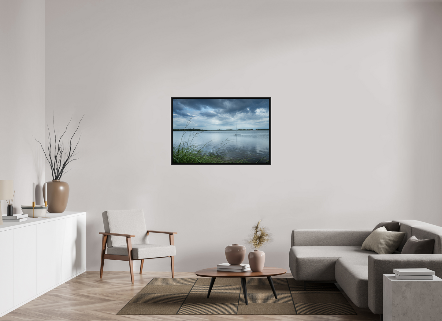 45 x 30″, ChromaLuxe HD Metal Print with Black Wood Floater Frame Lonely Boat on Sachem Pond
