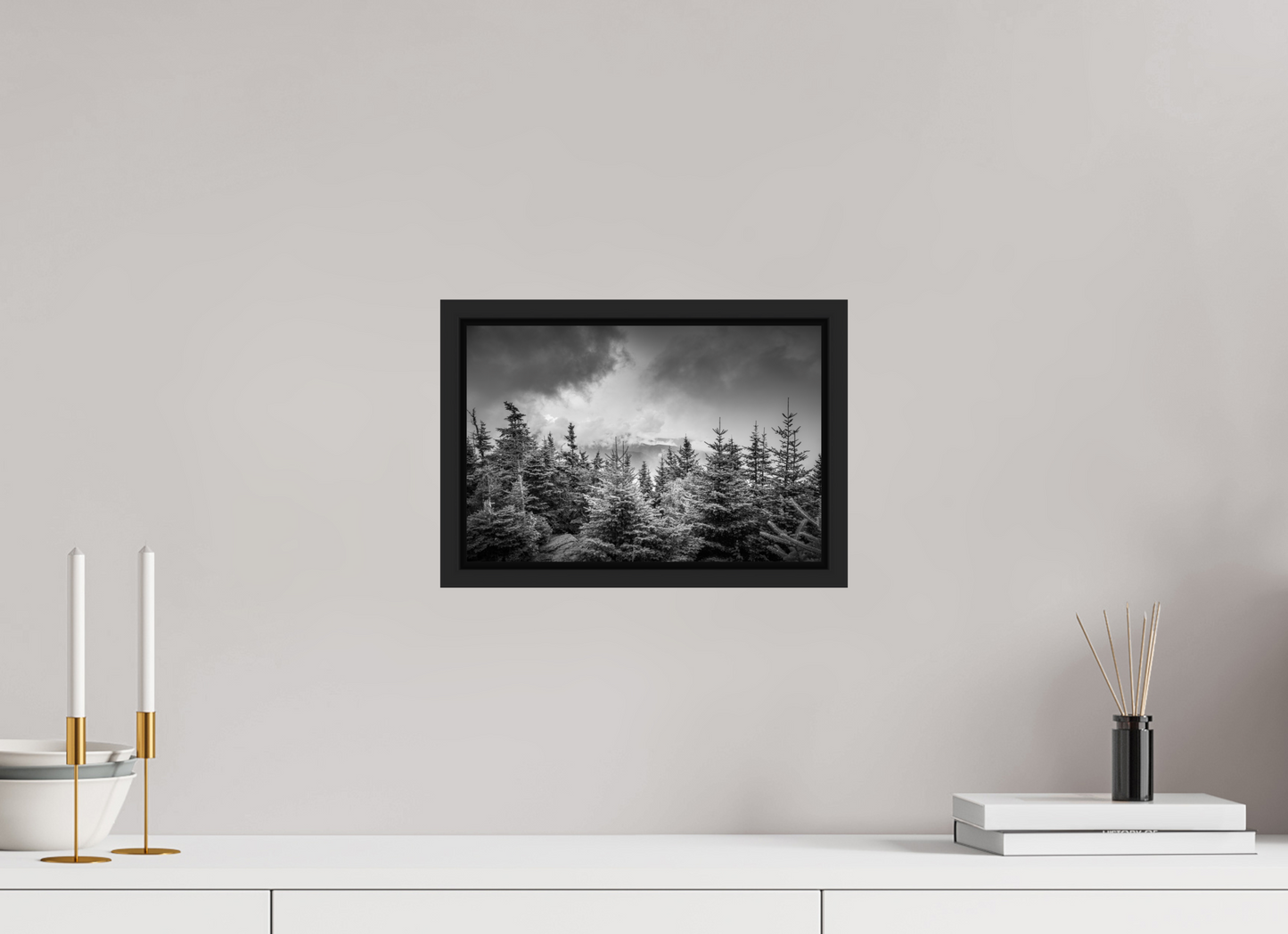 12 x 8″, Photo Print under Acrylic Glass with Black Wood Floater Frame Pines in Mountain Clouds
