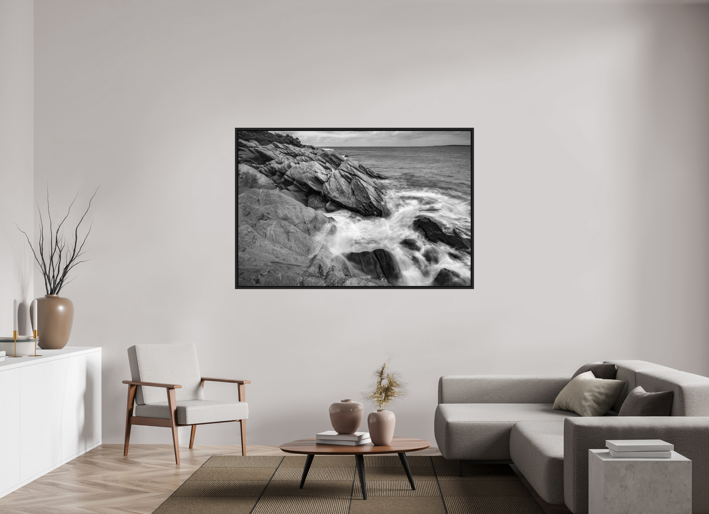 66 x 44″, ChromaLuxe HD Metal Print with Black Wood Floater Frame Beavertail Cliffs