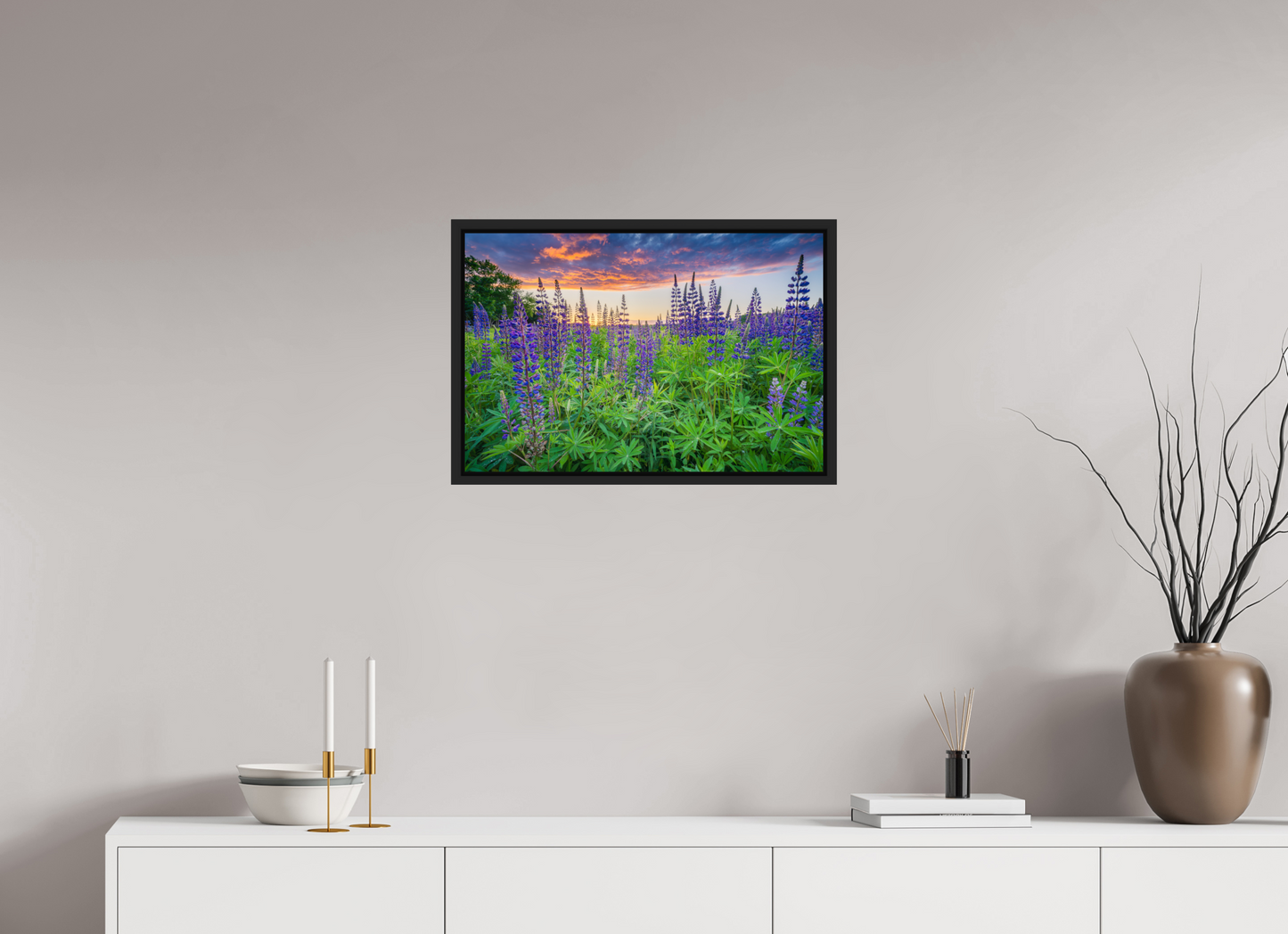 24 x 16″, Premium ChromaLuxe HD Aluminum Metal Print with Black Wood Floater Frame Lupine Sunset