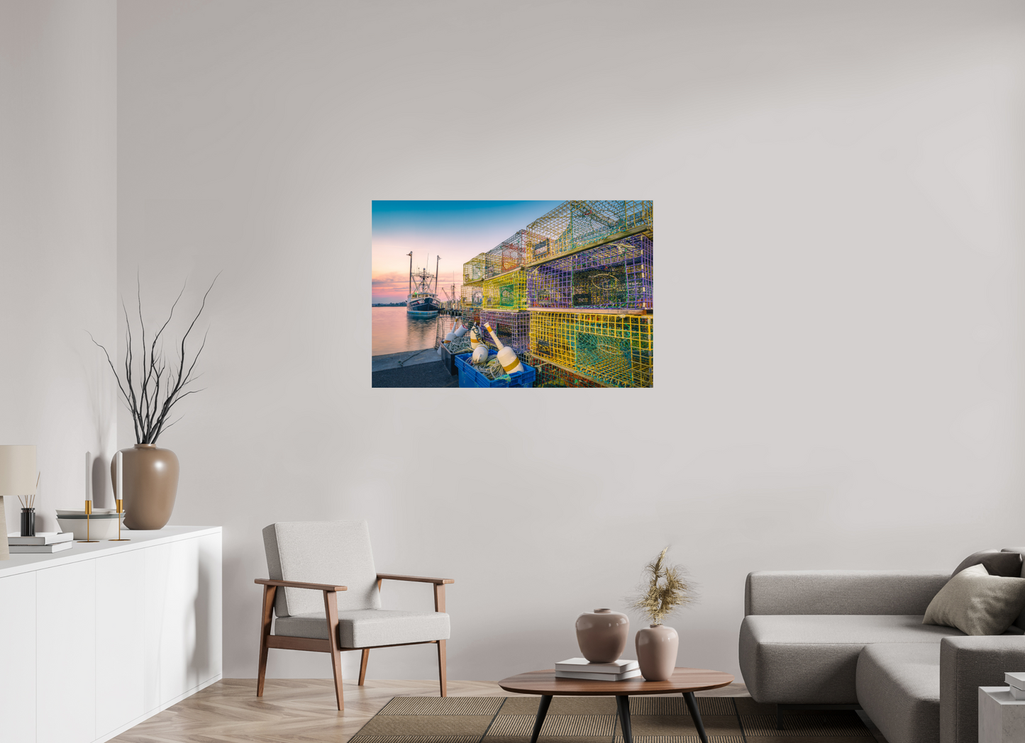 45 x 30″, Premium ChromaLuxe HD Aluminum Metal Print A Wall of Colorful Lobster Pots