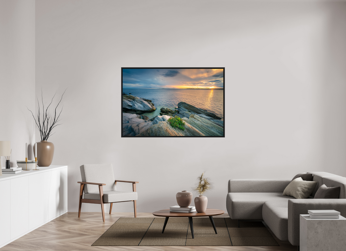 60 x 40″, Premium Photo Print under Acrylic Glass with Black Wood Floater Frame Beavertail Sun Rays
