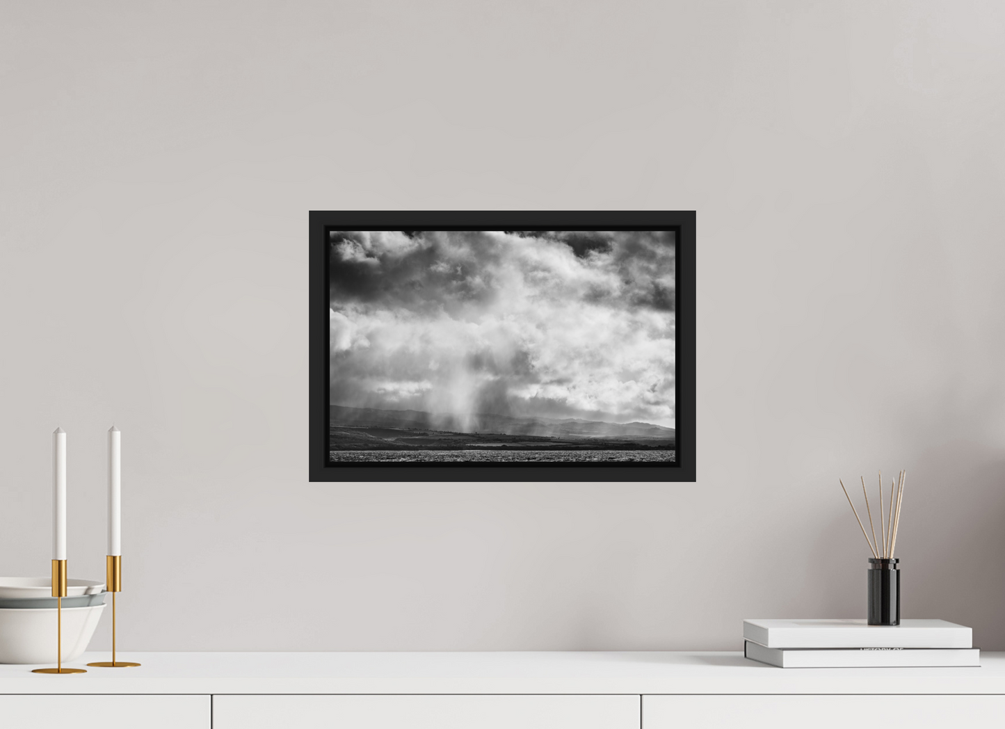 15 x 10″, Photo Print under Acrylic Glass with Black Wood Floater Frame Rain Showers Along the Napali Coast