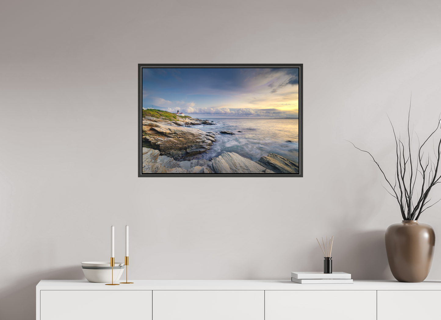 30 x 20″, Matte Canvas Print with Black Wood Floater Frame Twilight at Beavertail Lighthouse
