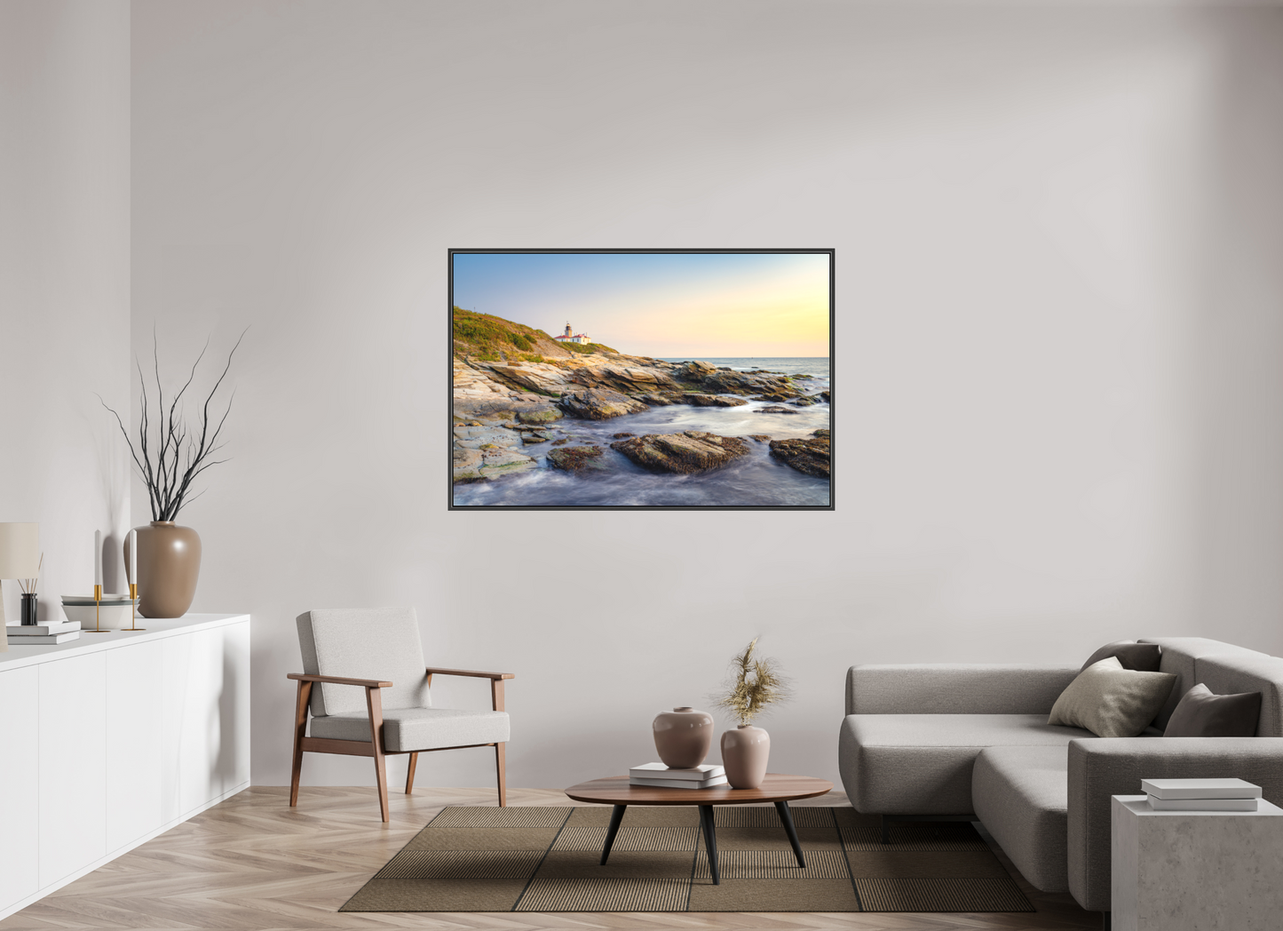 60 x 40″, Matte Canvas Print with Black Wood Floater Frame Beavertail Lighthouse