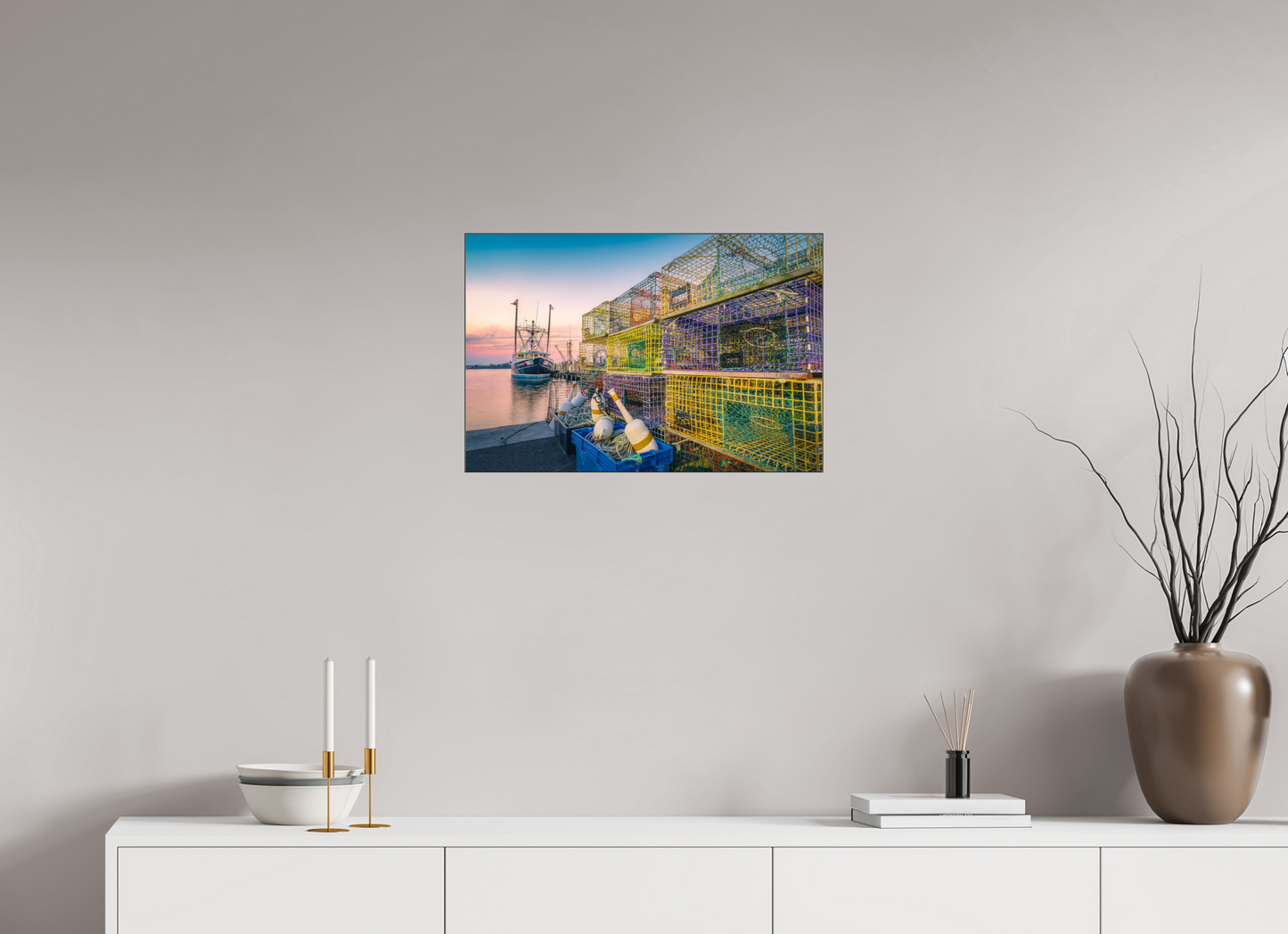 24 x 16″, Premium Photo Print under Acrylic Glass with Black Slimline Case A Wall of Colorful Lobster Pots