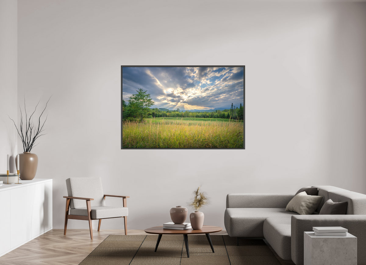 66 x 44″, Matte Canvas Print with Black Wood Floater Frame Mountain Sun Rays