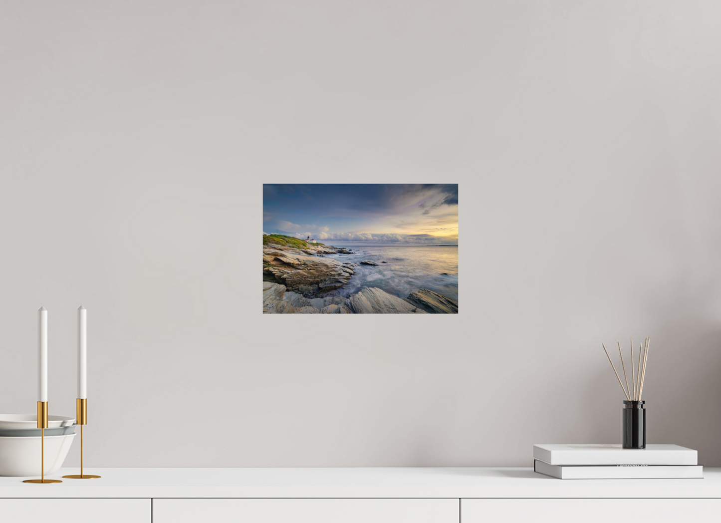 12 x 8″, ChromaLuxe HD Metal Print Twilight at Beavertail Lighthouse