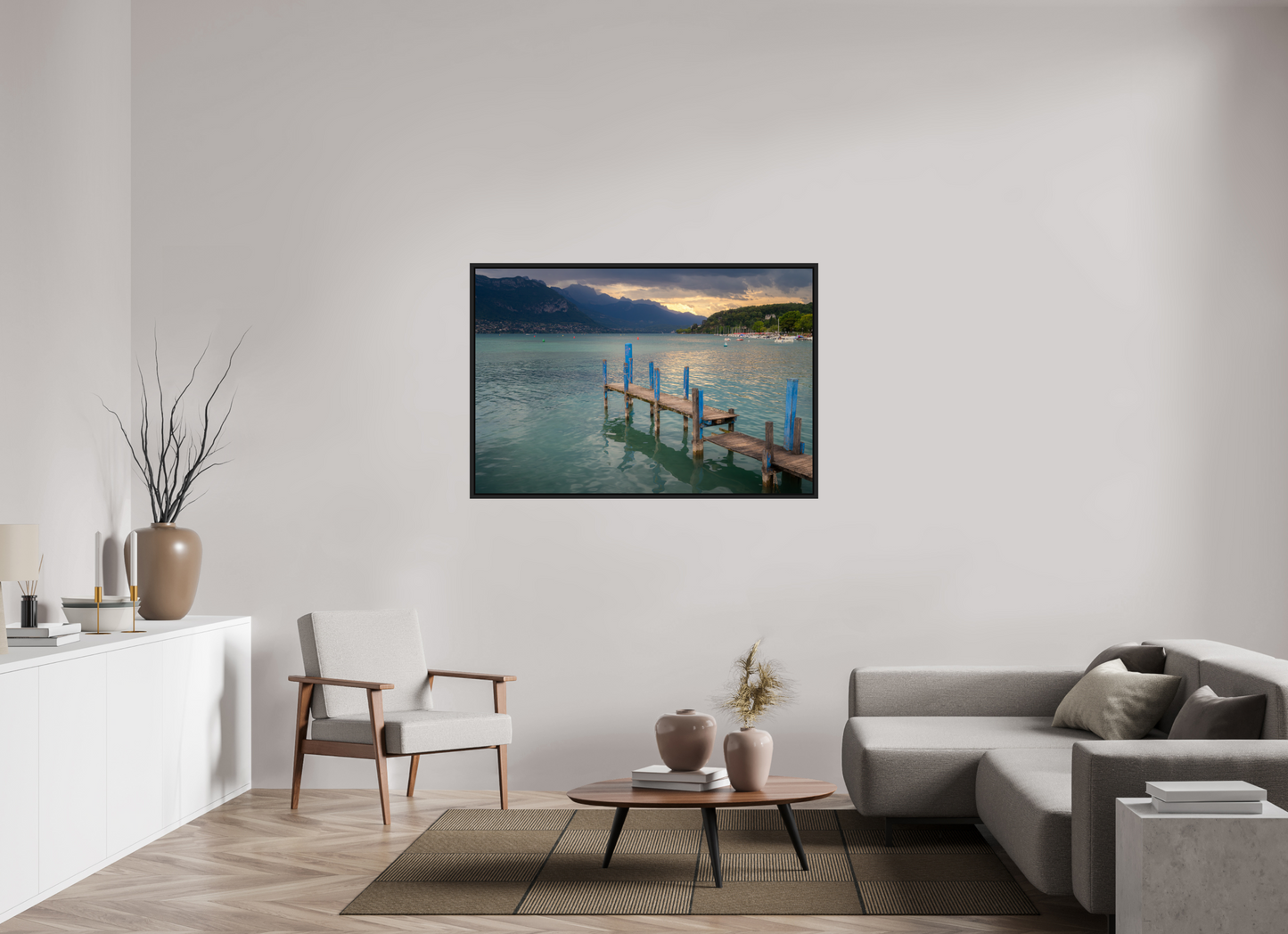 54 x 36″, ChromaLuxe HD Metal Print with Black Wood Floater Frame Thunderstorm over Lake Annecy