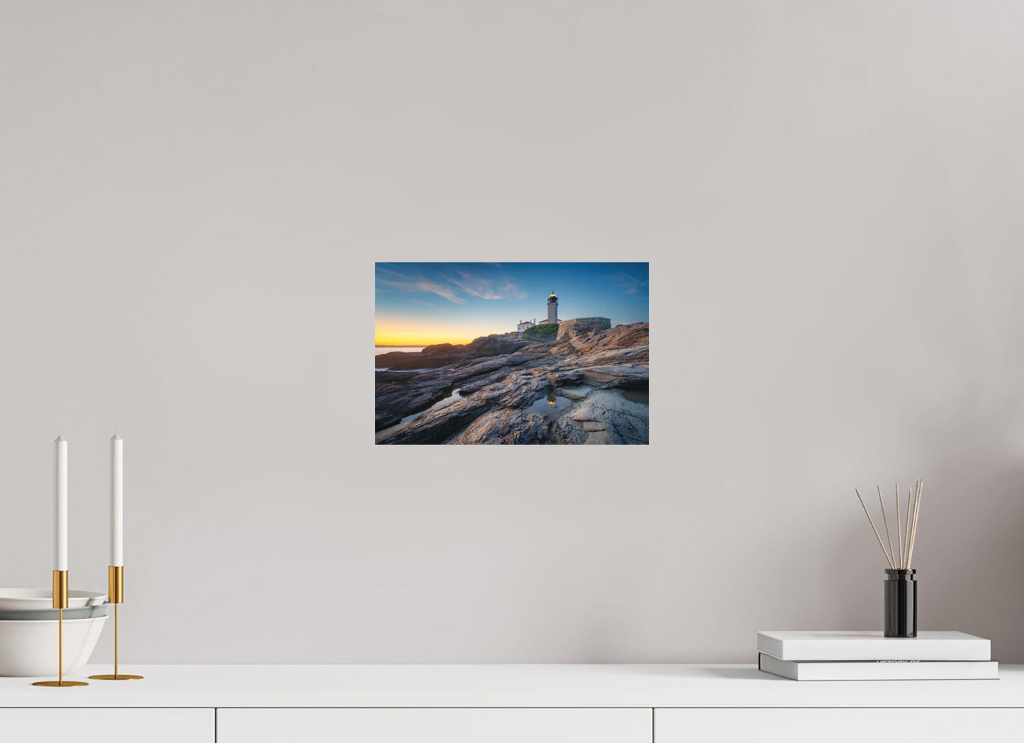 12 x 8″, Basic Matte Photo Print on Fuji Crystal DP II Paper Beavertail Lighthouse Tide Pool Reflection