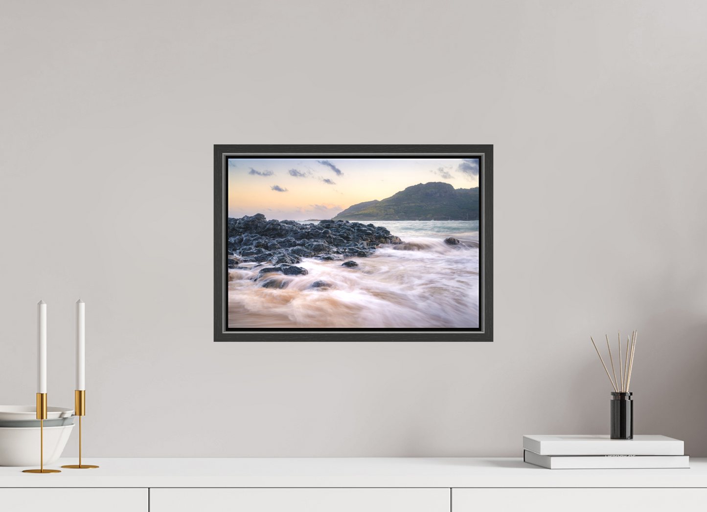 15 x 10″, Matte Canvas Print with Black Wood Floater Frame Lihue Sunset