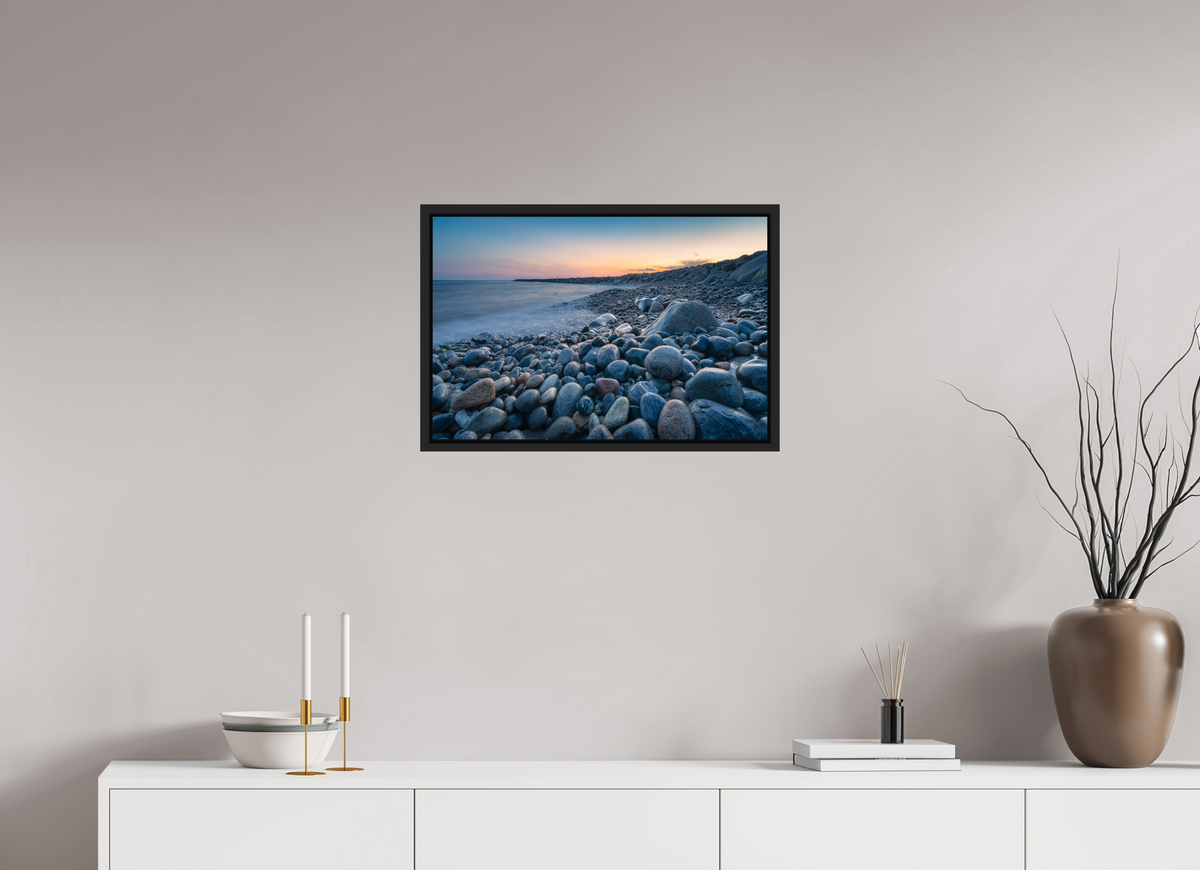 24 x 16″, Premium Photo Print under Acrylic Glass with Black Wood Floater Frame A Sea of Pebbles at Camp Cronin
