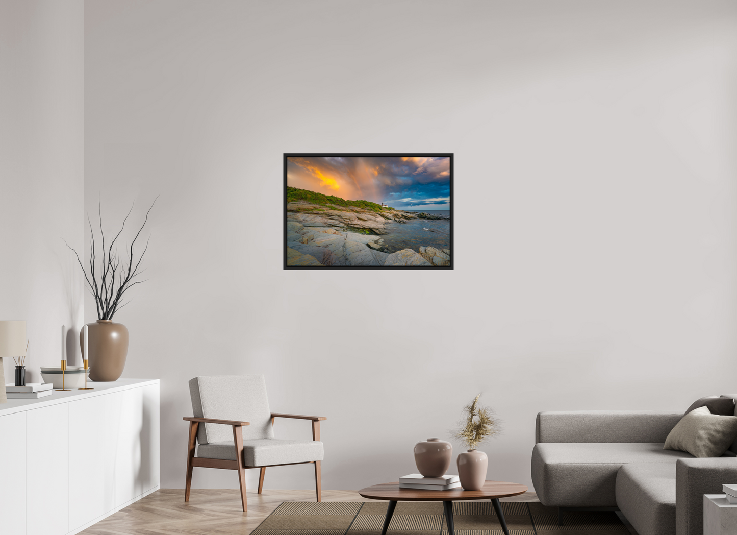 36 x 24″, Premium Photo Print under Acrylic Glass with Black Wood Floater Frame Rainbow Over Beavertail Lighthouse