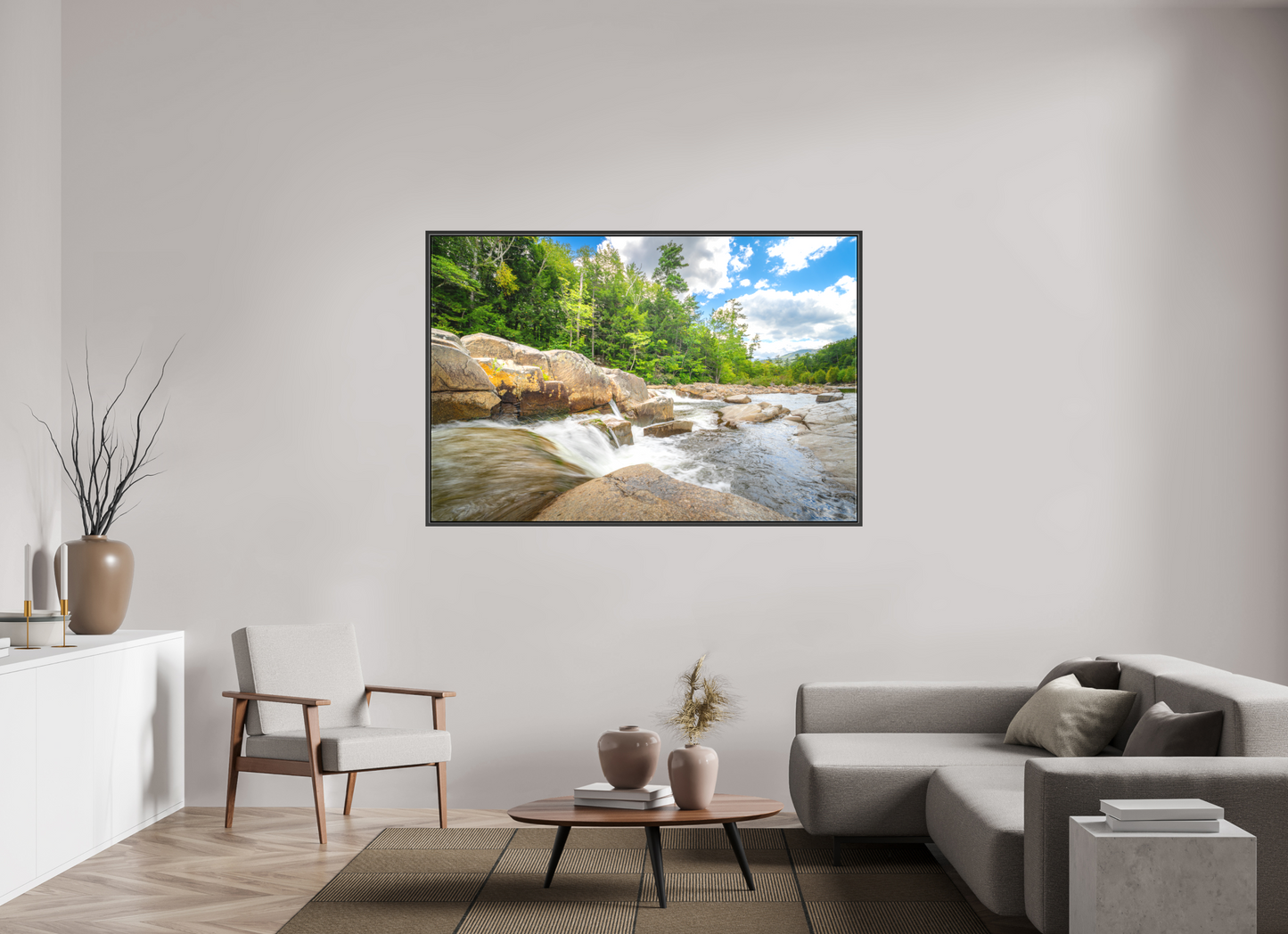 66 x 44″, Matte Canvas Print with Black Wood Floater Frame Over the Falls