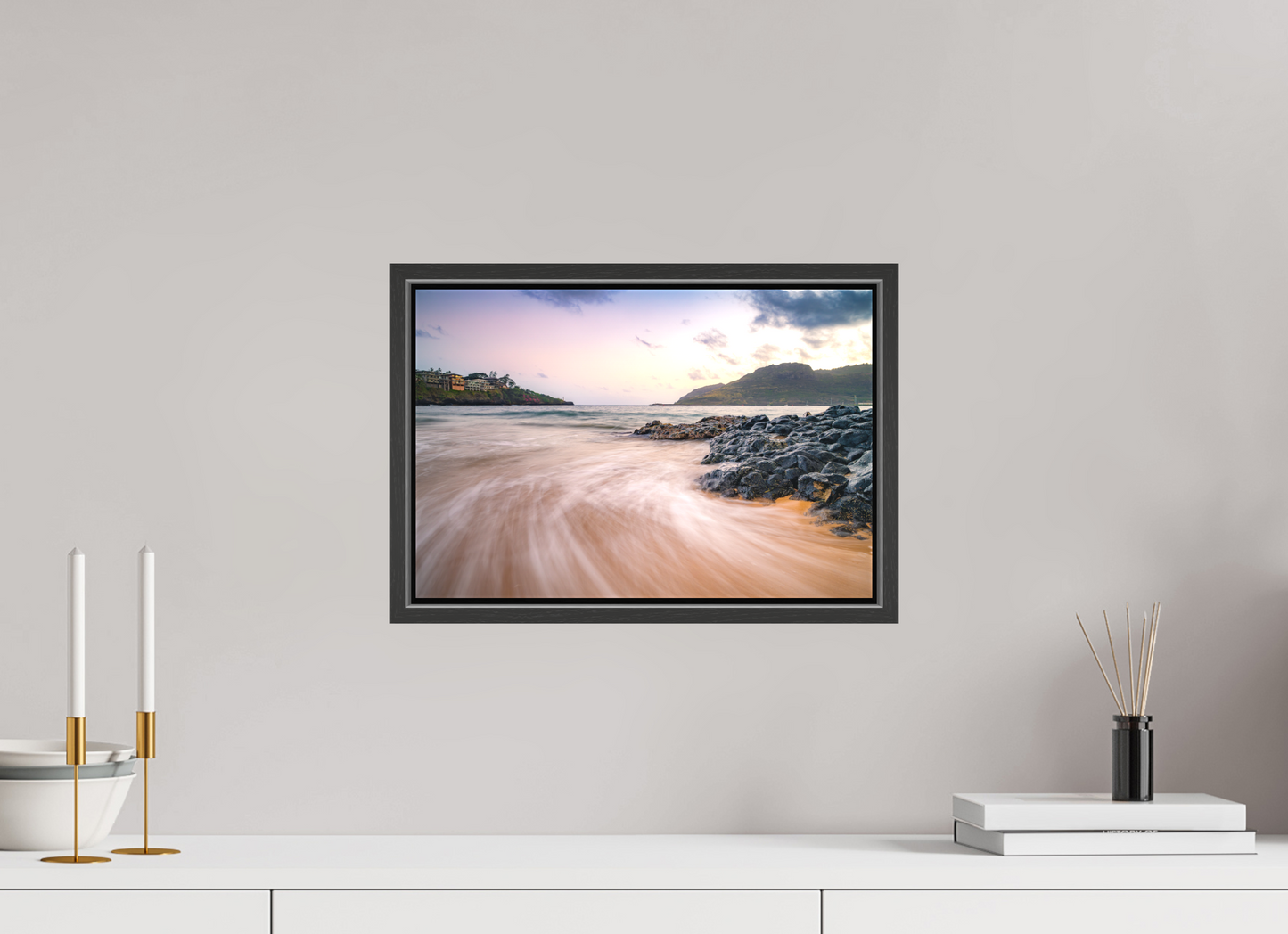 15 x 10″, Matte Canvas Print with Black Wood Floater Frame Waves Retreating